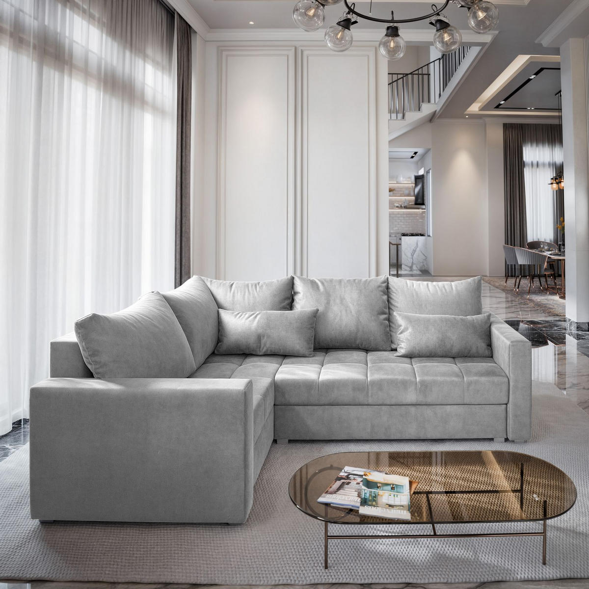 ECKSOFA LIRENO R-S Hellgrau Plüsch-Stoff mit Schlaffunktion - Hellgrau, Holz (220/153cm) - MASSENO