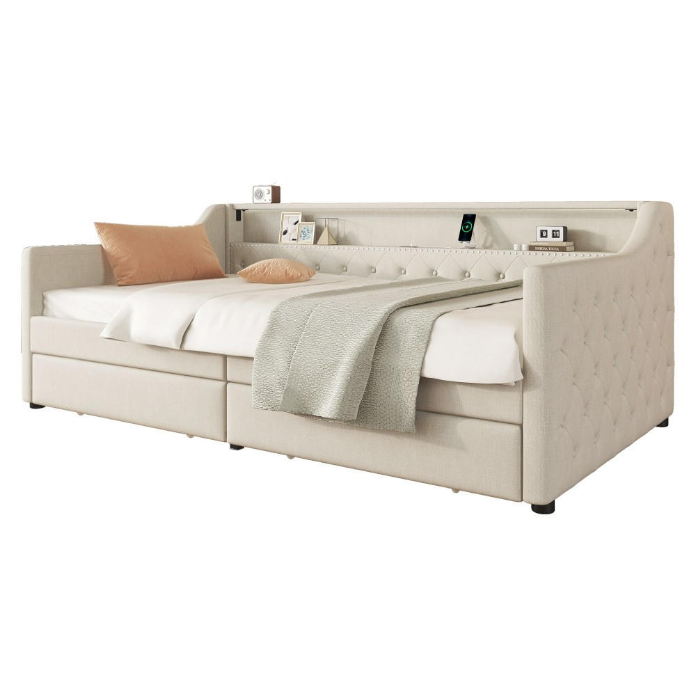 POLSTERBETT 90 x 200cm in Beige Linen mit zwei Schubladen - Beige, Holz/Textil (90/200cm) - KOMHTOM