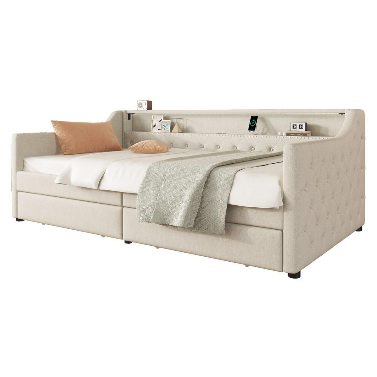POLSTERBETT 90 x 200cm in Beige Linen mit zwei Schubladen - Beige, Holz/Textil (90/200cm) - KOMHTOM