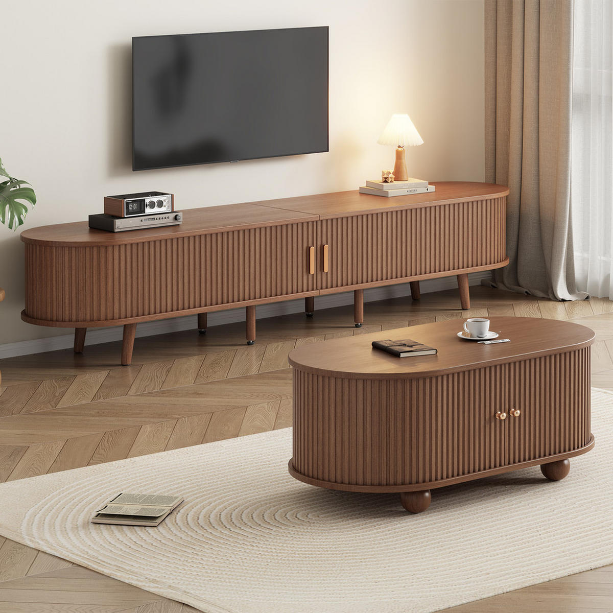 TV-SCHRANK SET mit Couchtisch Stauraum Nussbaum & MDF 2-teilig - Braun, Holz (50.5/16/116.5cm) - FLIEKS
