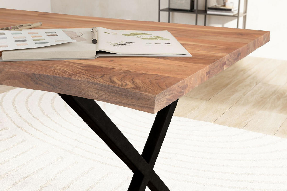 SCHREIBTISCH Massivholz X-Gestell Baumkante Handgefertigt KRETA, Goldbraun-Schwarz 140x80x76 cm - Schwarz/Braun, Holz/Metall (80/140/76cm) - KADIMA DESIGN