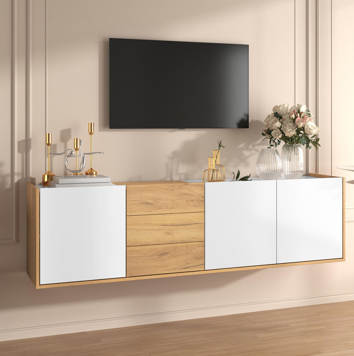 TV stolek z MDF 171,5x35x47 cm bílý v dekoru dřeva se 3 dvířky, 3 zásuvkami a možností montáže na stěnu - bílá, kompozitní dřevo (171.5/47/35cm) - Modfu