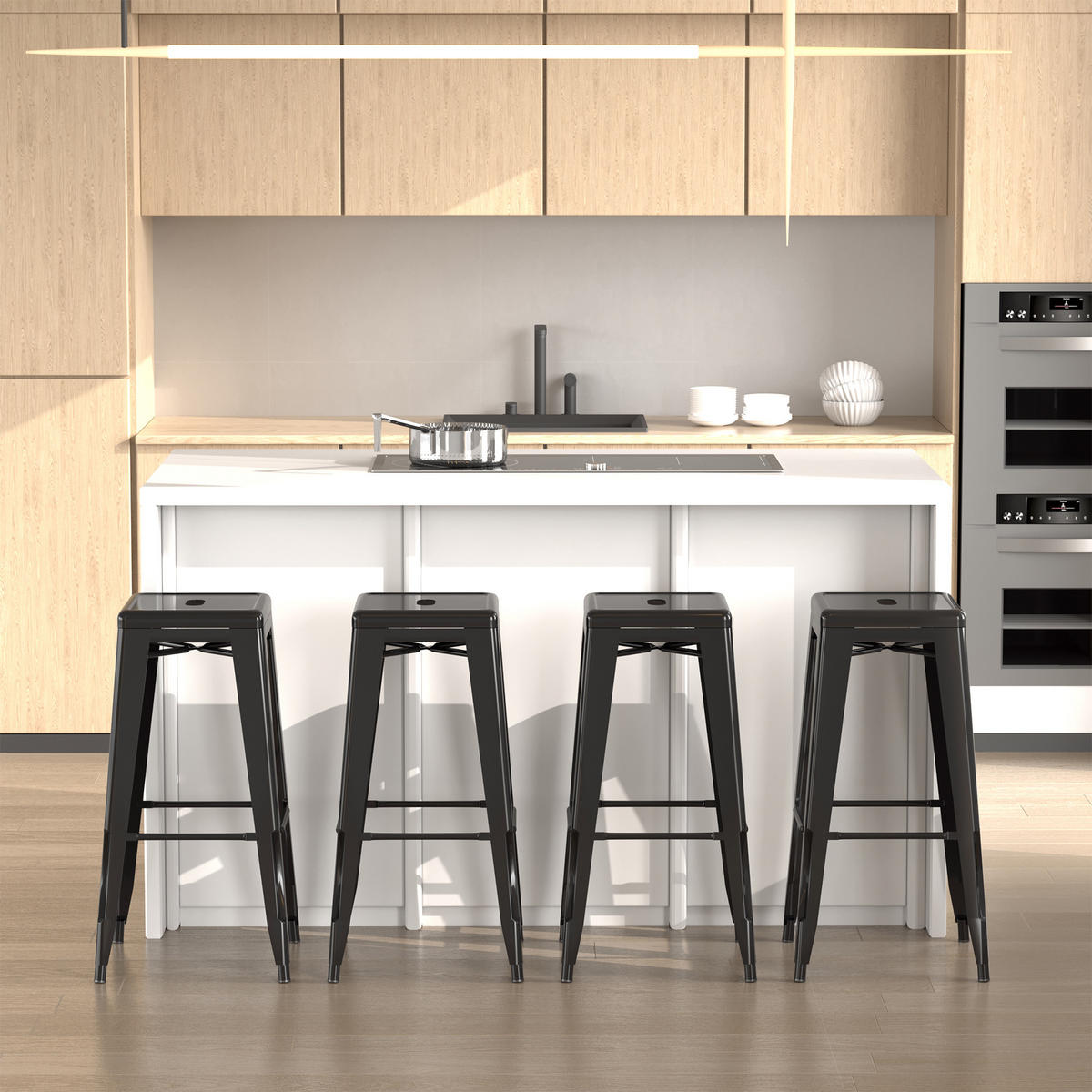 BARHOCKER 4er-Set DE-14690 industriell mit Fußstütze Schwarz - Schwarz, Metall (43/76/43cm) - ComfortXL