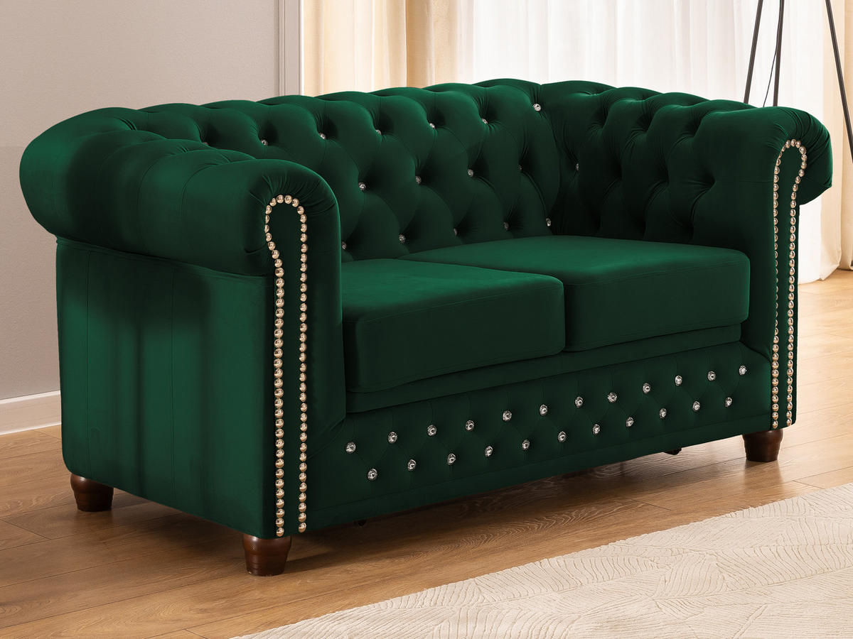 CHESTERFIELD-SOFA 2-Sitzer mit Schlaffunktion Cleo Blink Flasche Grün Samt mit Kristallsteppung und braunen Massivholzfüßen - Braun/Grün, Holz/Textil (148/72/86cm) - S-Style Möbel