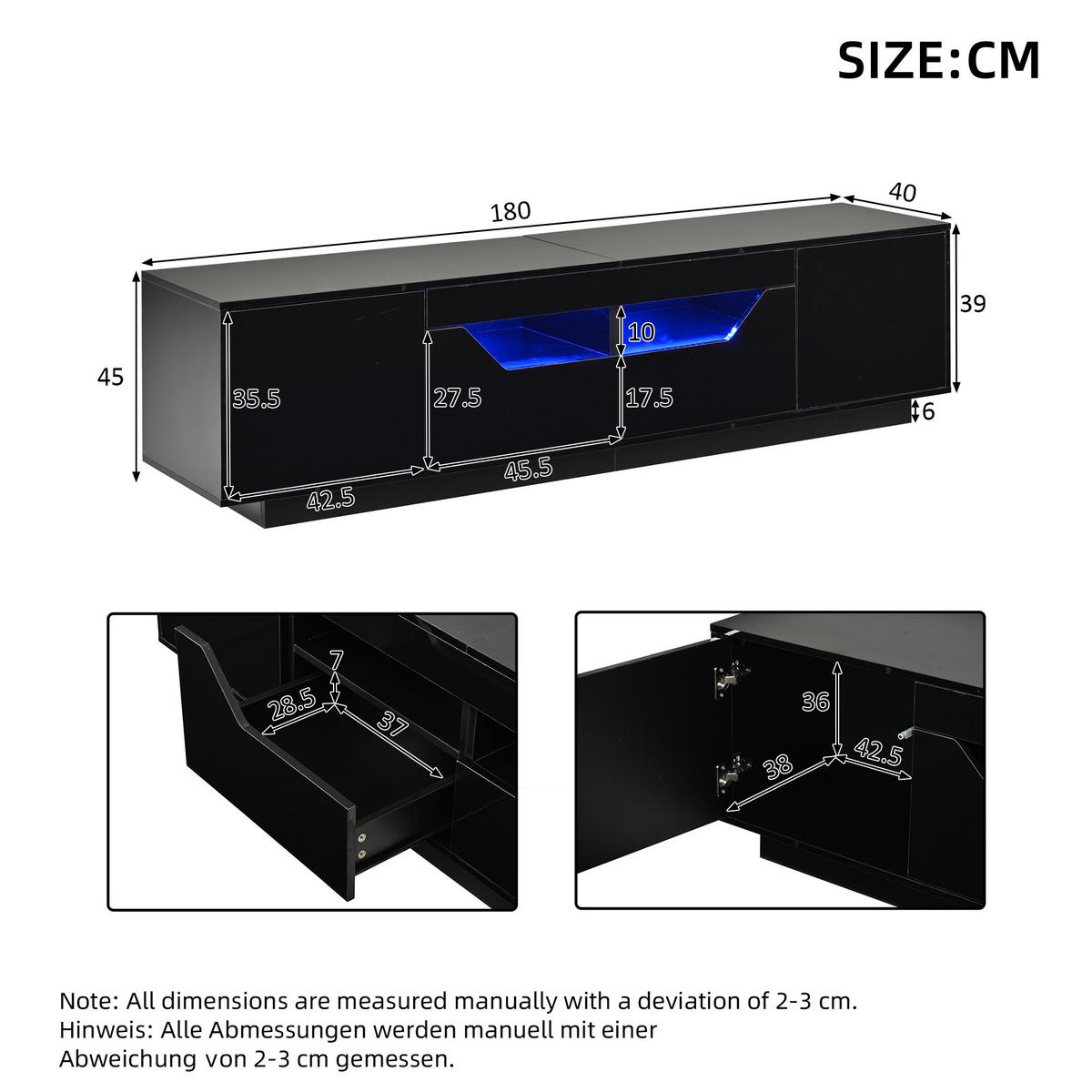 TV-LOWBOARD 180x40x45cm Schwarz mit LED, 2 Schränken - Schwarz, Holzwerkstoff (180/45/40cm) - FLIEKS