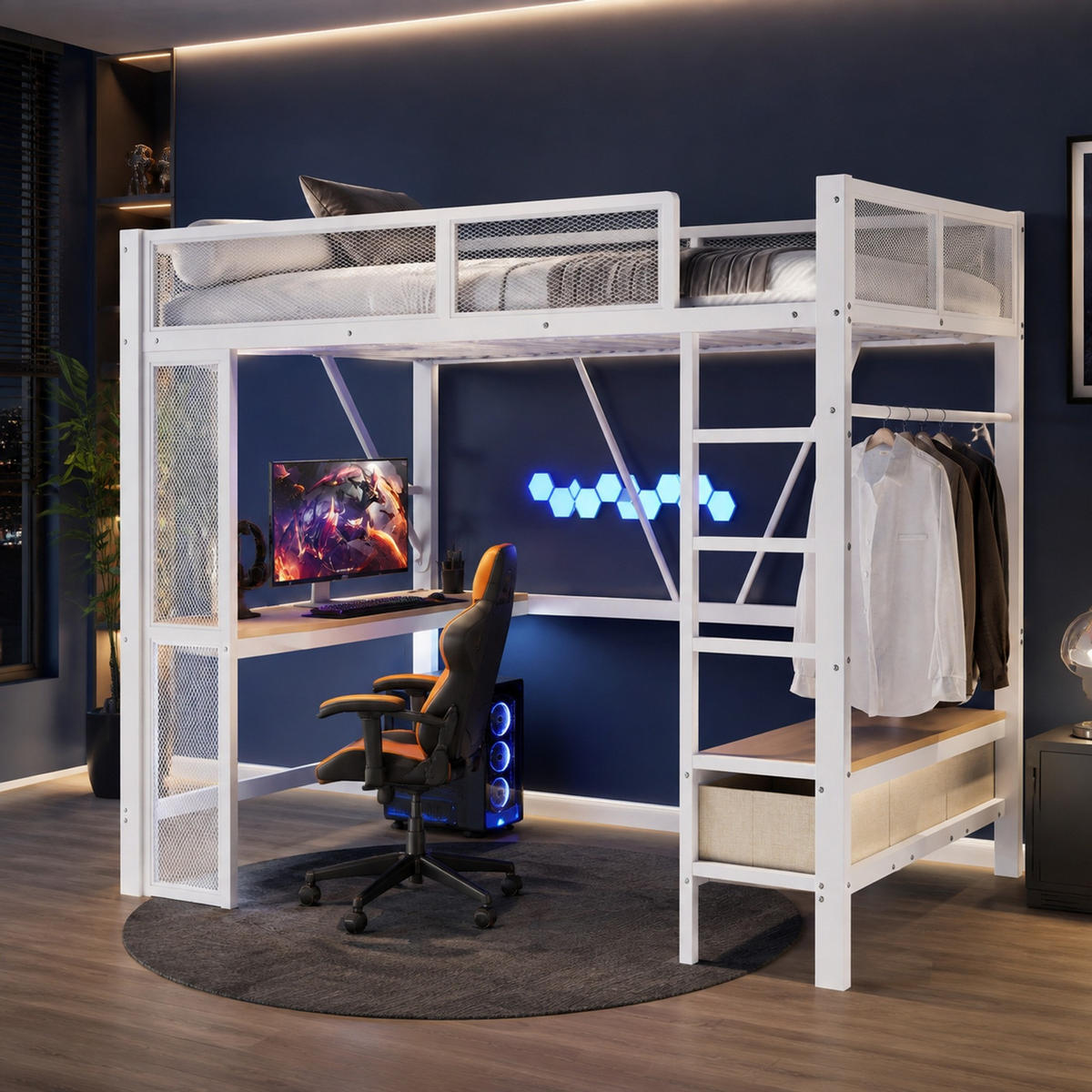 HOCHBETT 140/200 mit LED, USB, Schreibtisch und Schubladen in Weiß - Weiß, Holzwerkstoff/Metall (140/200cm) - EVRYAE