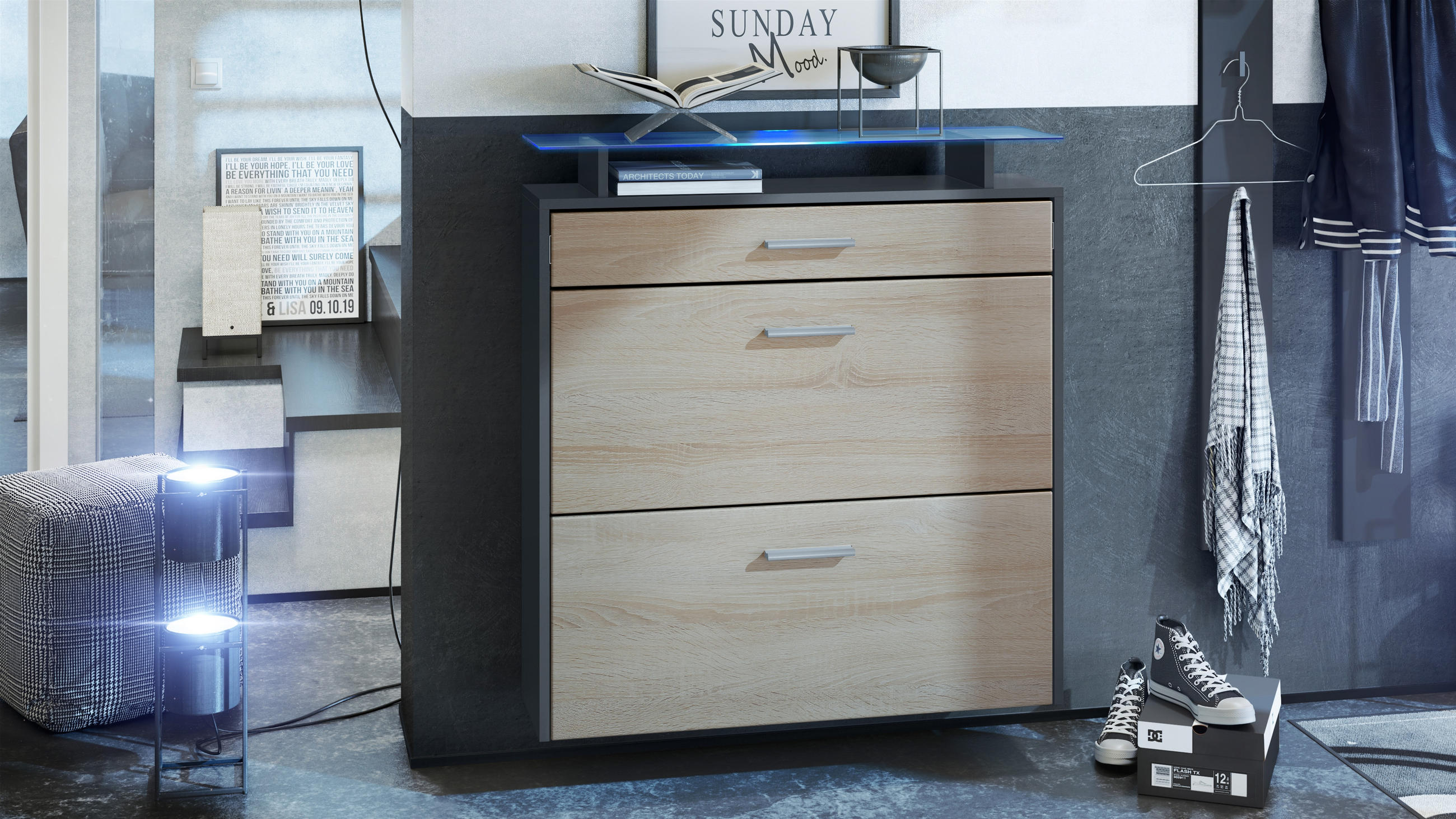 SCHUHSCHRANK Malea Fronten in Eiche sägerau - Eiche San Remo, Holzwerkstoff (89/96/23cm) - Vladon