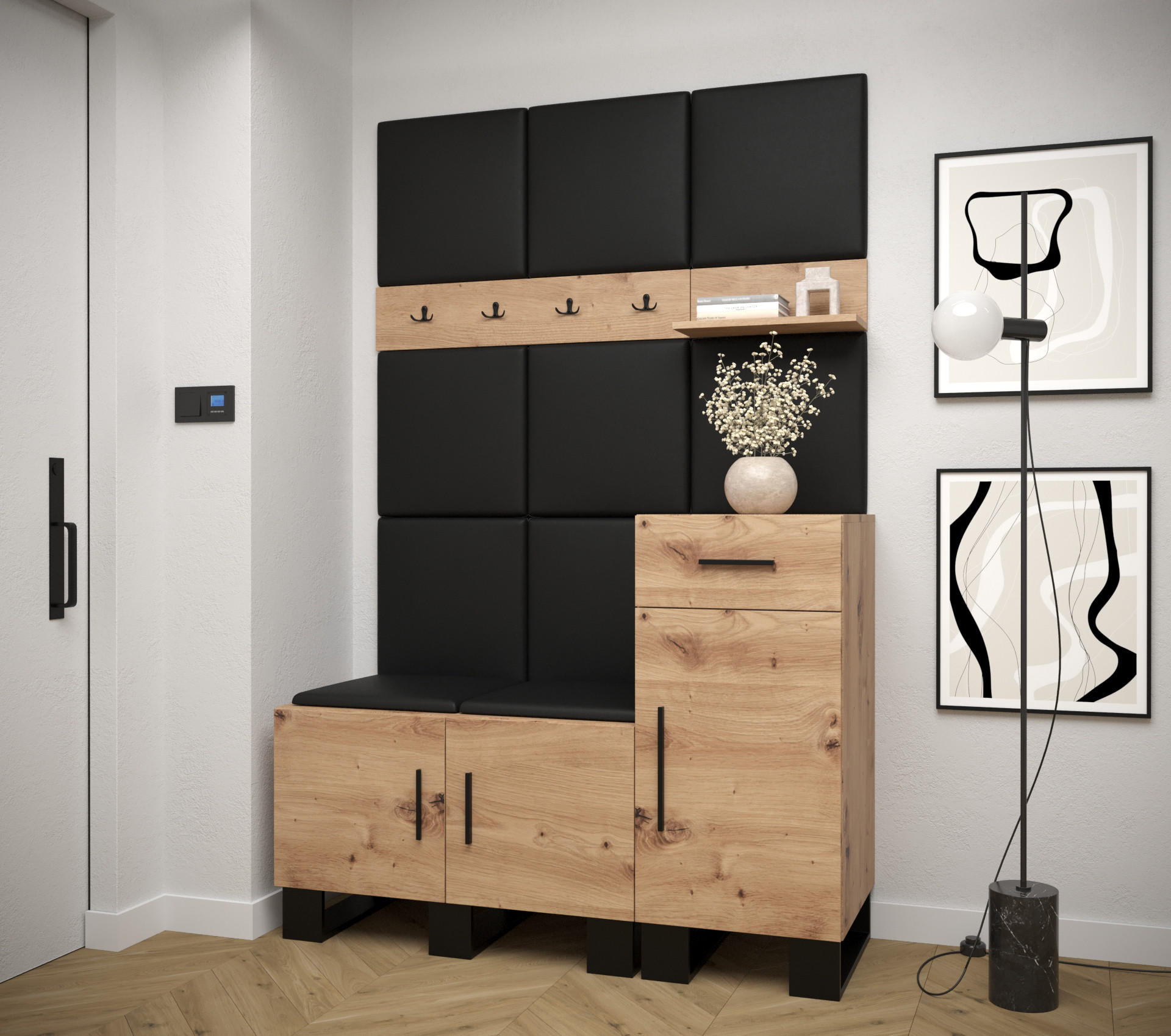 GARDEROBEN-SET 196/126/45,6 - Schwarz/Eiche Artisan, Holz/Kunststoff (126/196/45.6cm) - Abiks Möbel