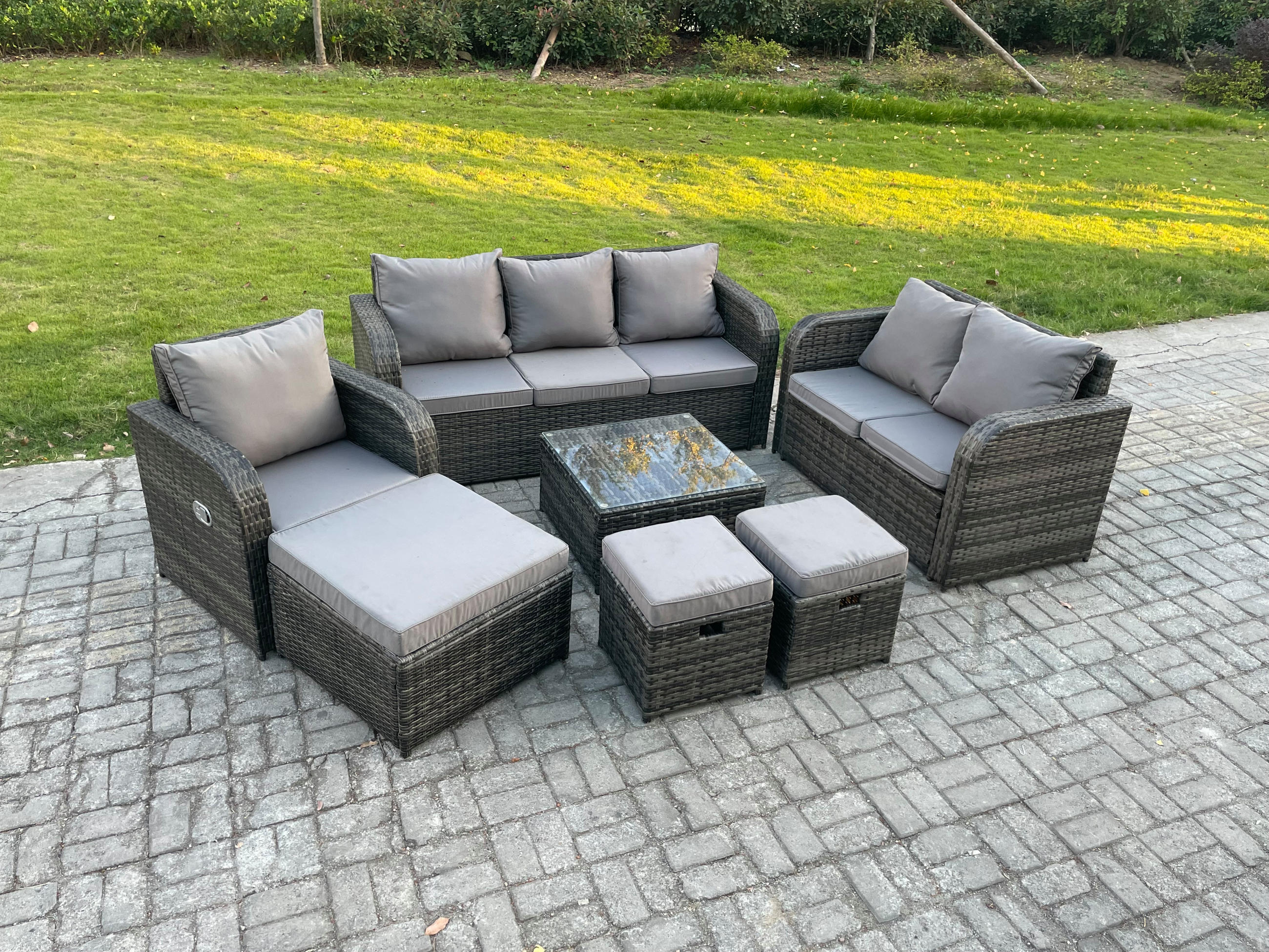 GARTENTISCHGRUPPE Polyrattan Dunkelgrau 7-teilige - Dunkelgrau/Grau, Glas/Kunststoff - Fimous