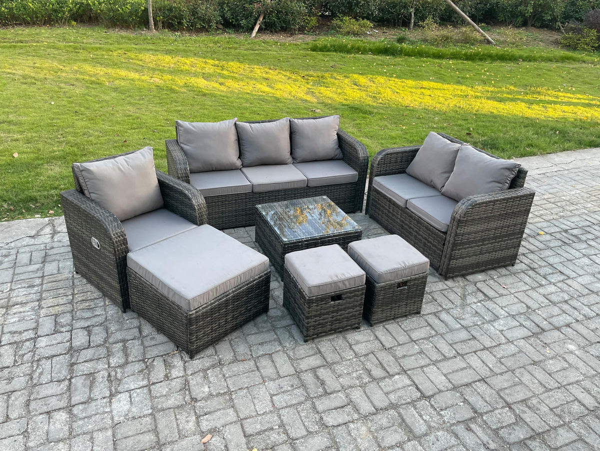 GARTENTISCHGRUPPE Polyrattan Dunkelgrau 7-teilige - Dunkelgrau/Grau, Glas/Kunststoff - Fimous