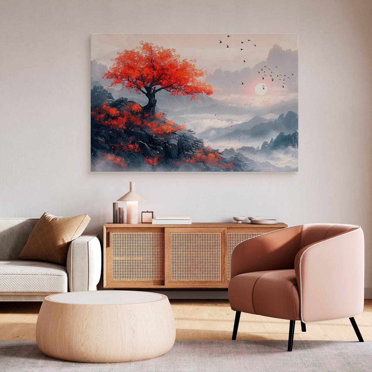 LEINWANDBILD für Esszimmer Baum Berge Landschaft 70cm x 50cm - Beige/Rot, Textil (70/50cm) - Muralo