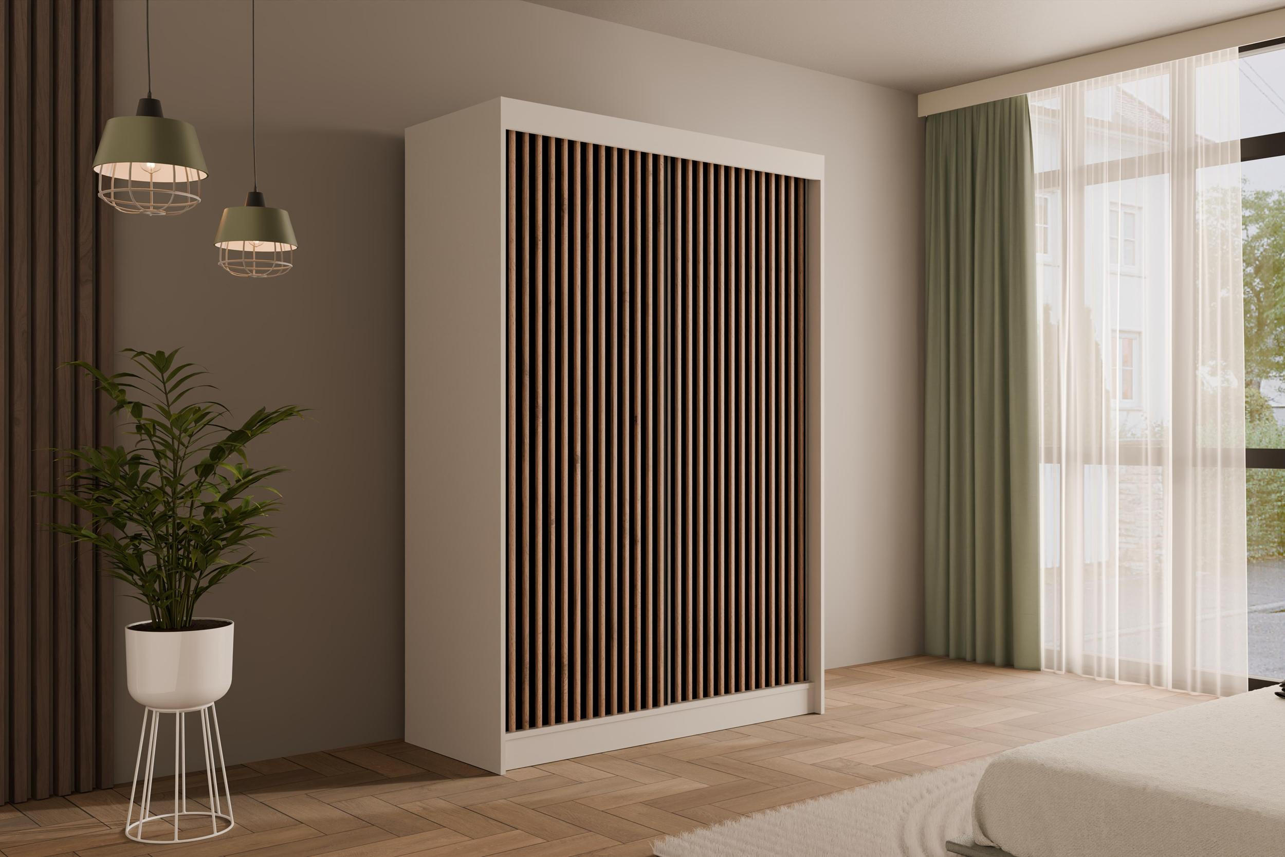 KLEIDERSCHRANK mit Lamel-Schiebetüren VILANv2 - 150 cm Weiß + Lamelle Eiche Wotan - Eiche Wotan/Weiß, Holzwerkstoff (150/215/61cm) - ALTDECOR