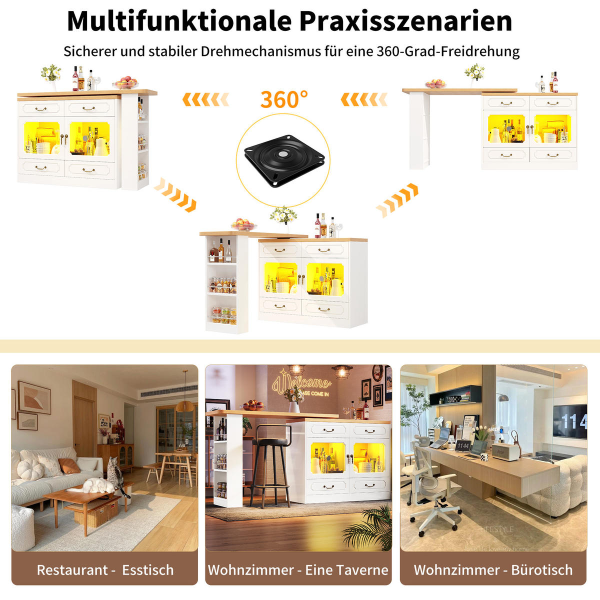 BARTISCH Ausziehbarer aus MDF mit 360° Drehplatte & LED, 135-203/39/92,8 cm, Weiß - Weiß, Holzwerkstoff (39/92.8/135cm) - Redom