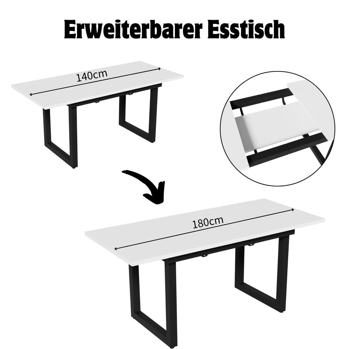 JÍDELNÍ stůl, 140/180/80/75 cm, MDF, bílá/černá, rozkládací - bílá, kompozitní dřevo (180/80/75cm) - BEAOK