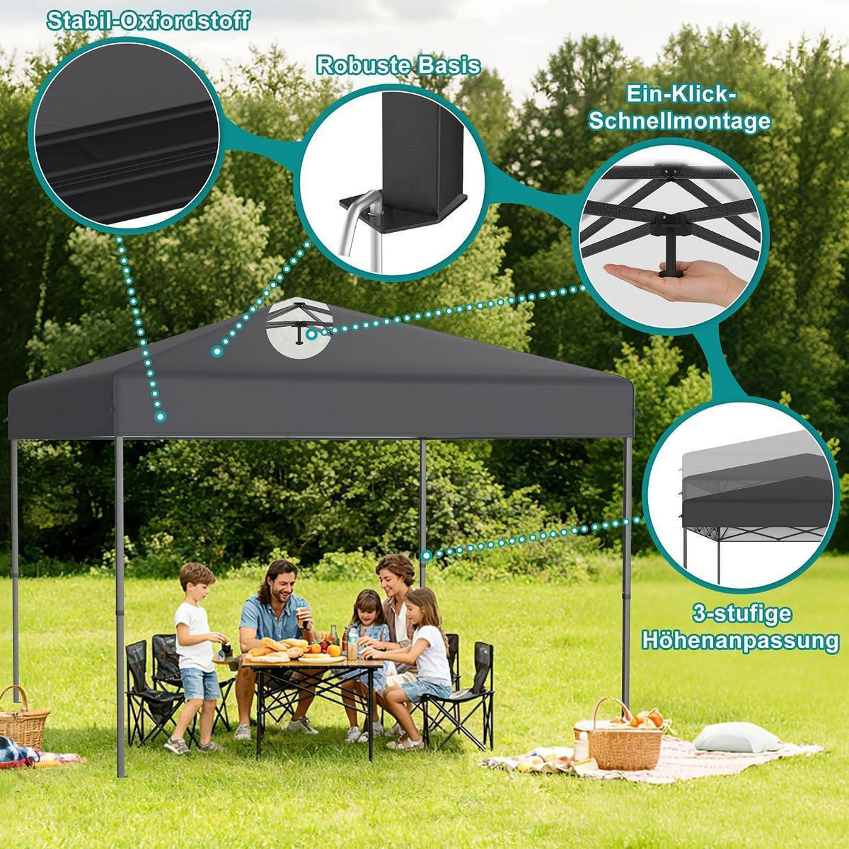 FALTPAVILLON 3 x 3 m Anthrazit mit One-Touch Lift - Anthrazit, Textil (300/260/300cm)