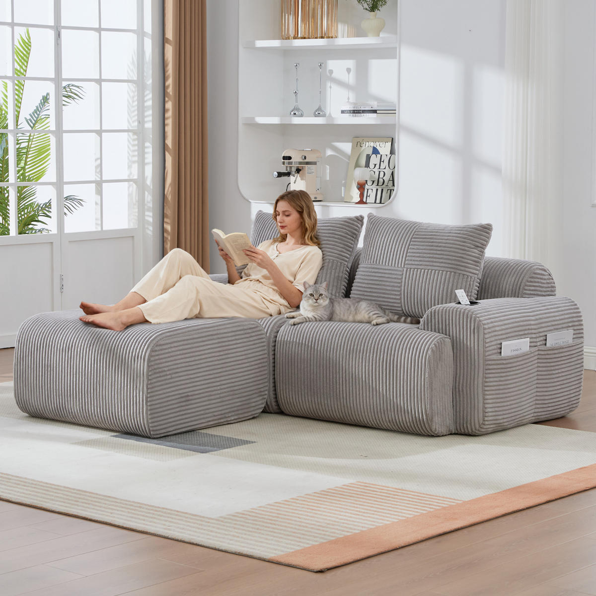 SOFA modular 2-Sitzer mit Hockern 200 x 174 cm Cord Hellgrau - Hellgrau, Kunststoff (174/200cm) - Meubliv