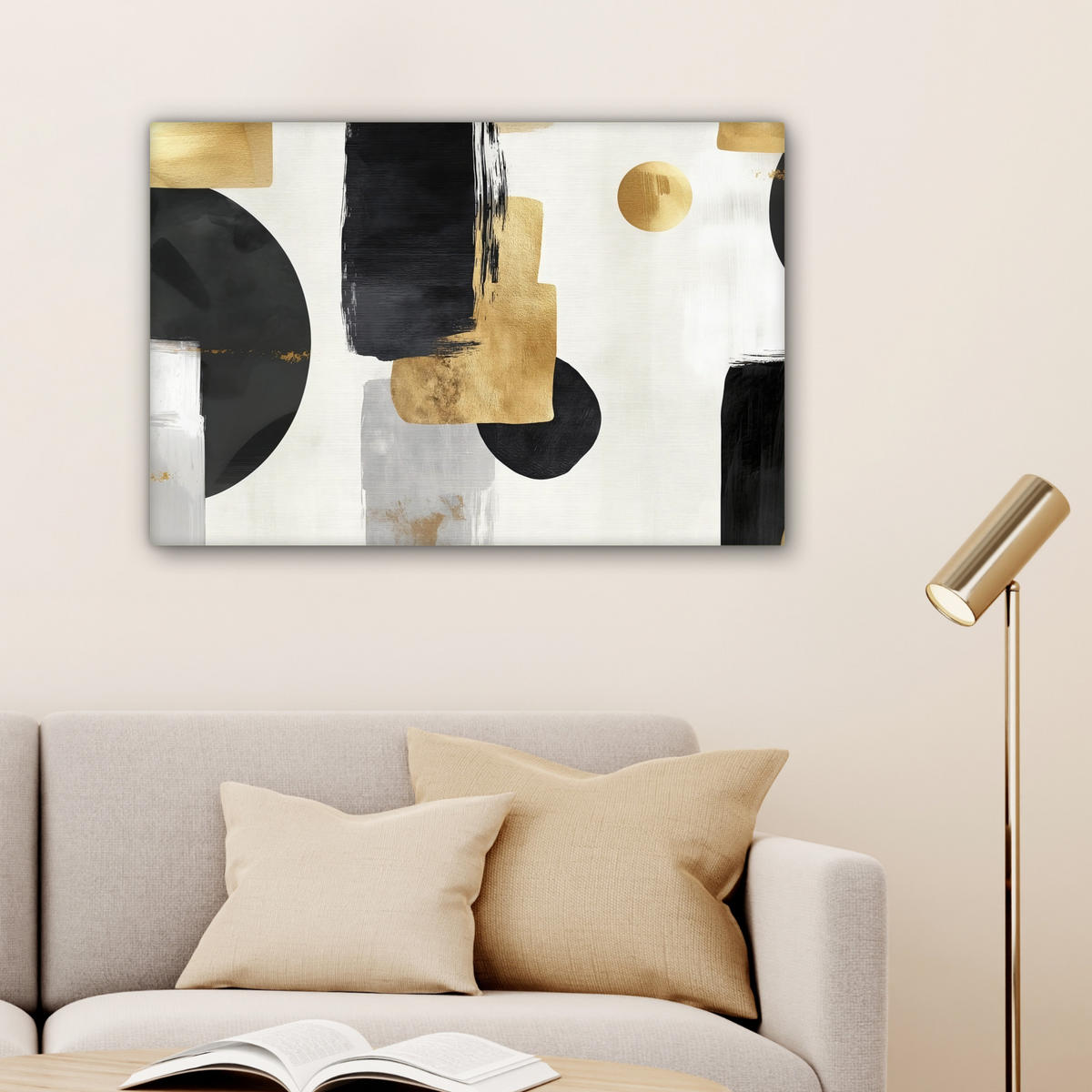 LEINWANDBILD Gold - Rechtecke - Kreise - Abstrakt Wanddeko 90x60 cm - Weiß, Textil (90/60cm) - MuchoWow