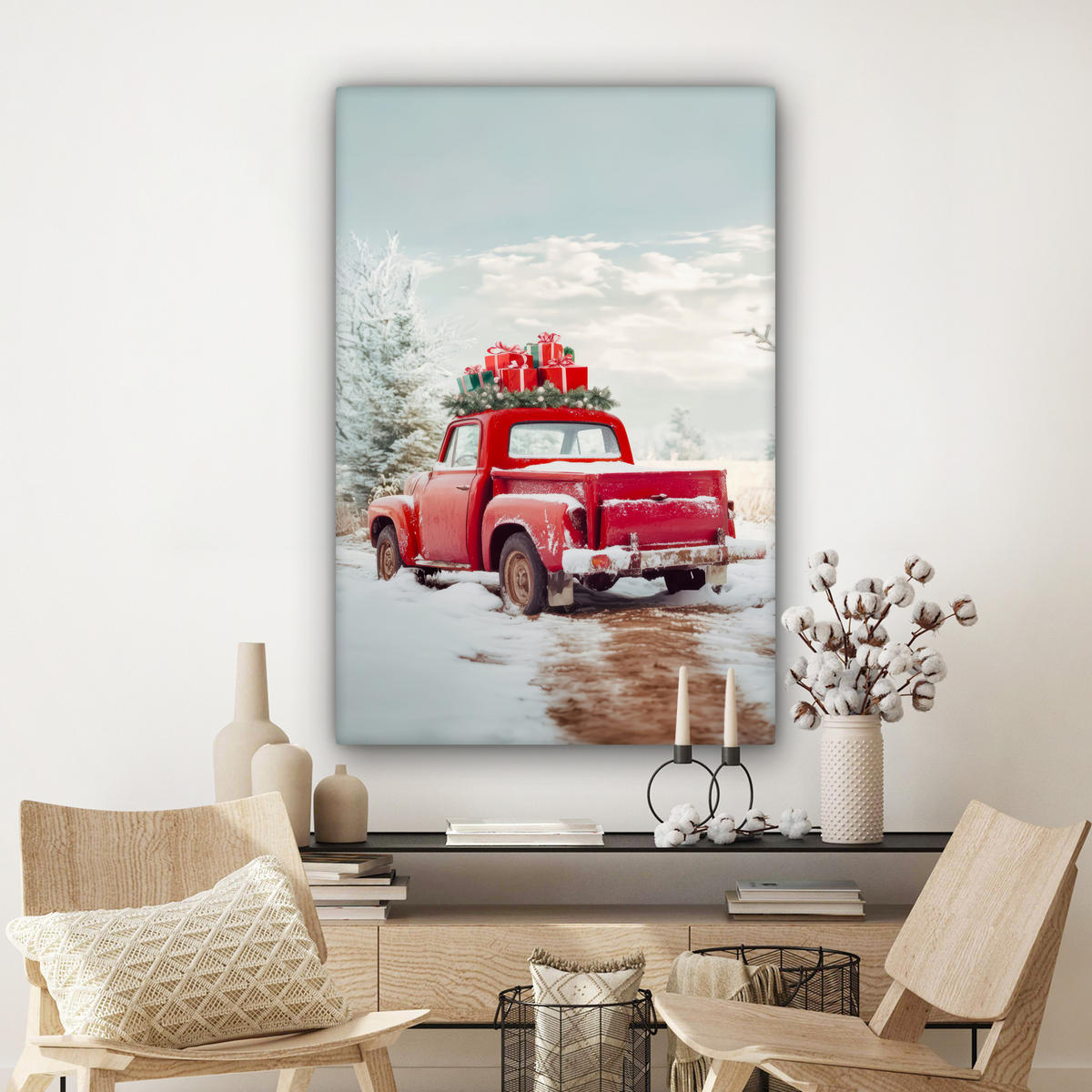 LEINWANDBILD Auto - Rot - Geschenke - Winter - Schnee - Weihnachten Deko XXL 80x120 cm - Rot, Textil (80/120cm) - MuchoWow