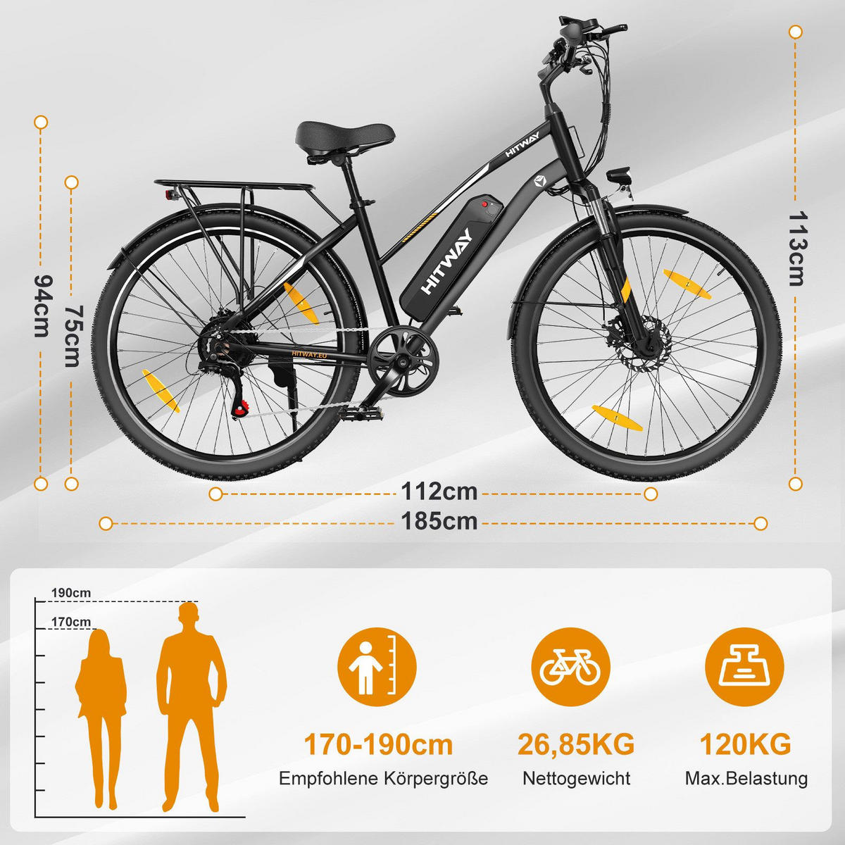 E-BIKE Cityrad BK27 250W-Motor 36V 13Ah Akku - Schwarz, Metall (87cm) - HITWAY