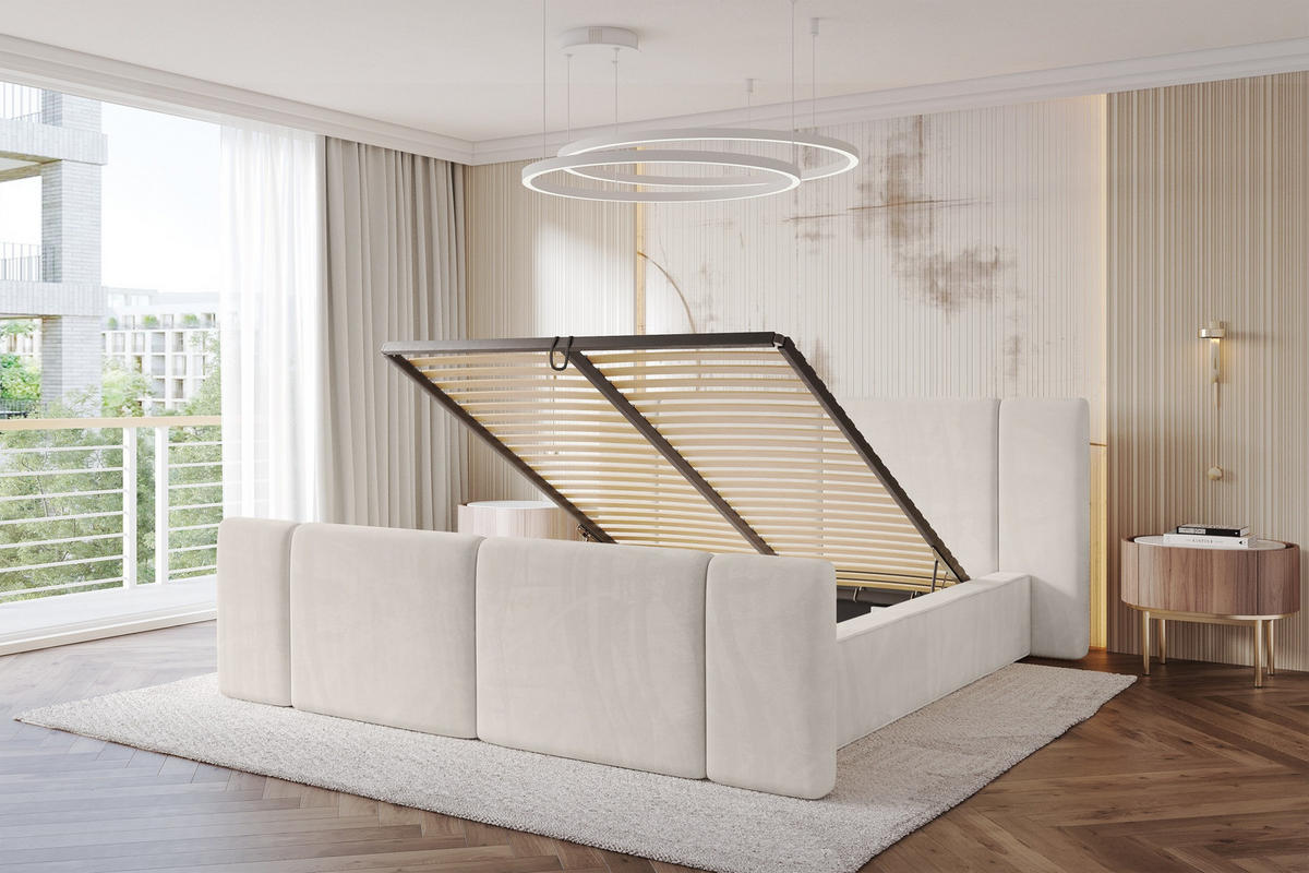 POLSTERBETT mit Bettkasten, Fußteil und Lattenrost, Boxbett ohne Matratze - RIVO-Z 200x200 Beige - Ecru, Holzwerkstoff/Textil (200/200cm) - ALTDECOR