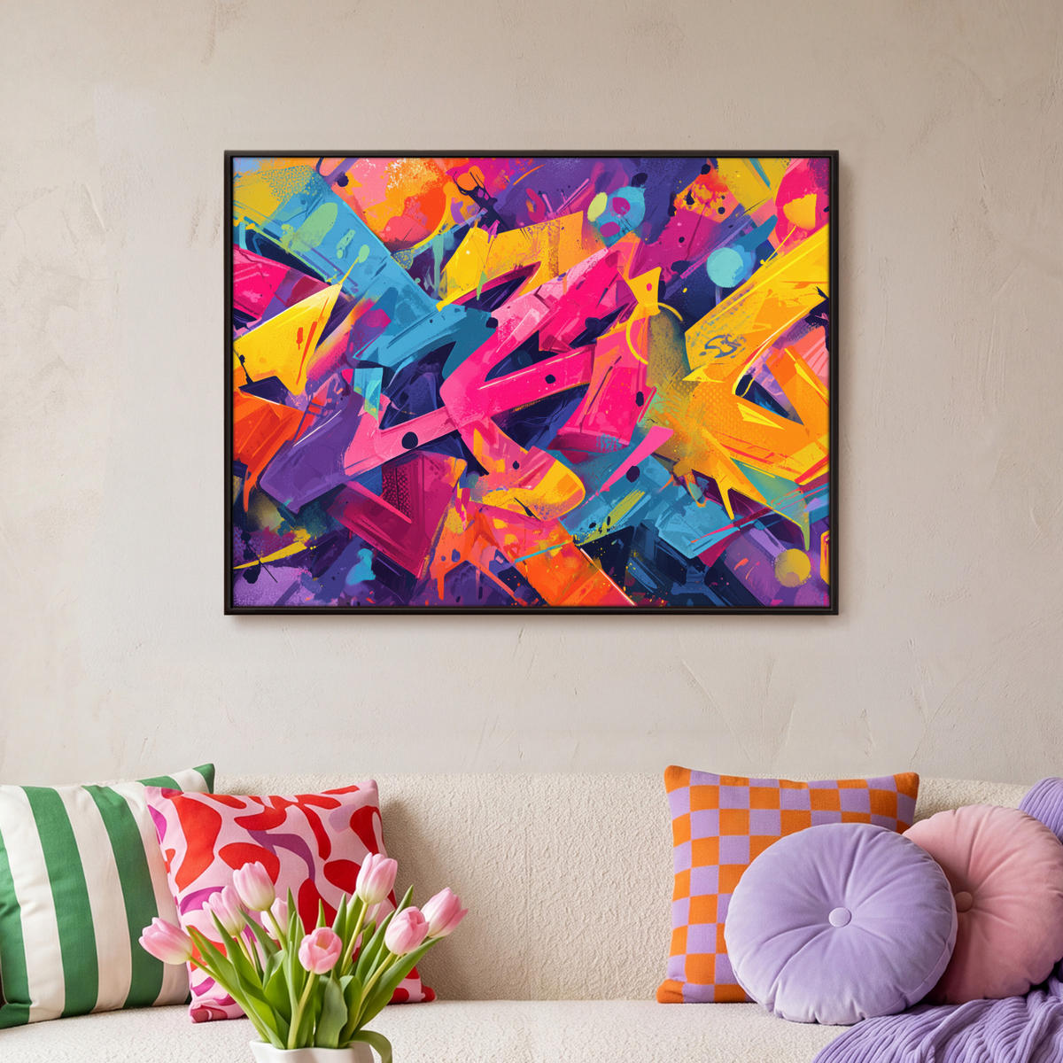 LEINWAND Bilder mit Rahmen - Abstrakt - Formen - Farbenfroh - 80x60 - Magenta, Textil (80/60cm) - MuchoWow