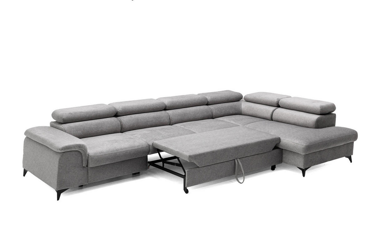 ECKSOFA Plaza Maxi Grau mit Schlaffunktion und Bettkasten 6x verstellbare Kopfstützen - Grau, Textil (203/350cm) - Muffo