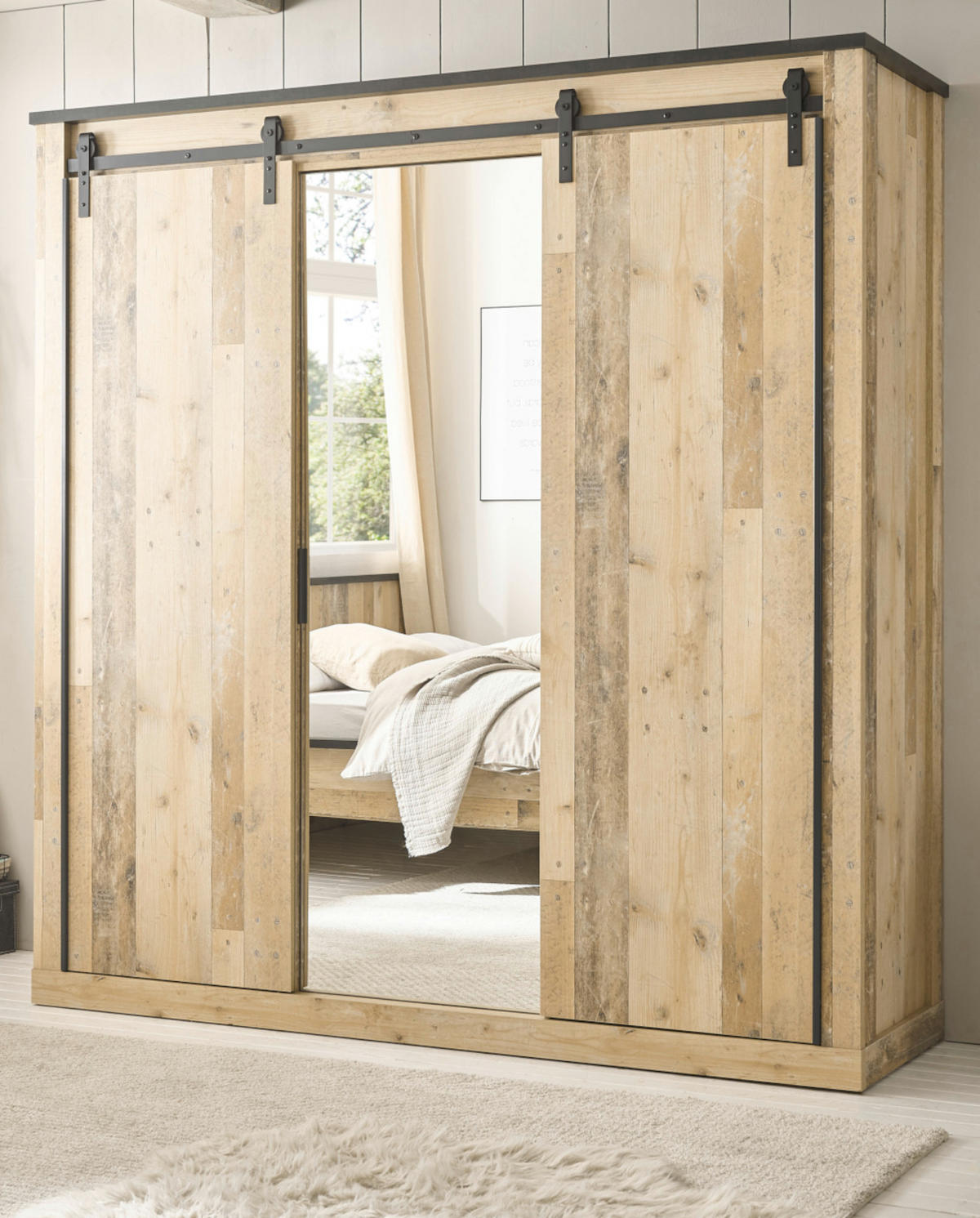 KLEIDERSCHRANK Used Wood hell, dunkles Grau 201 x 209 cm, Schiebetürenschrank 3-türig mit Spiegel - Dunkelgrau/Schwarz, Glas/Holzwerkstoff (201/209/63cm) - Furn.Design