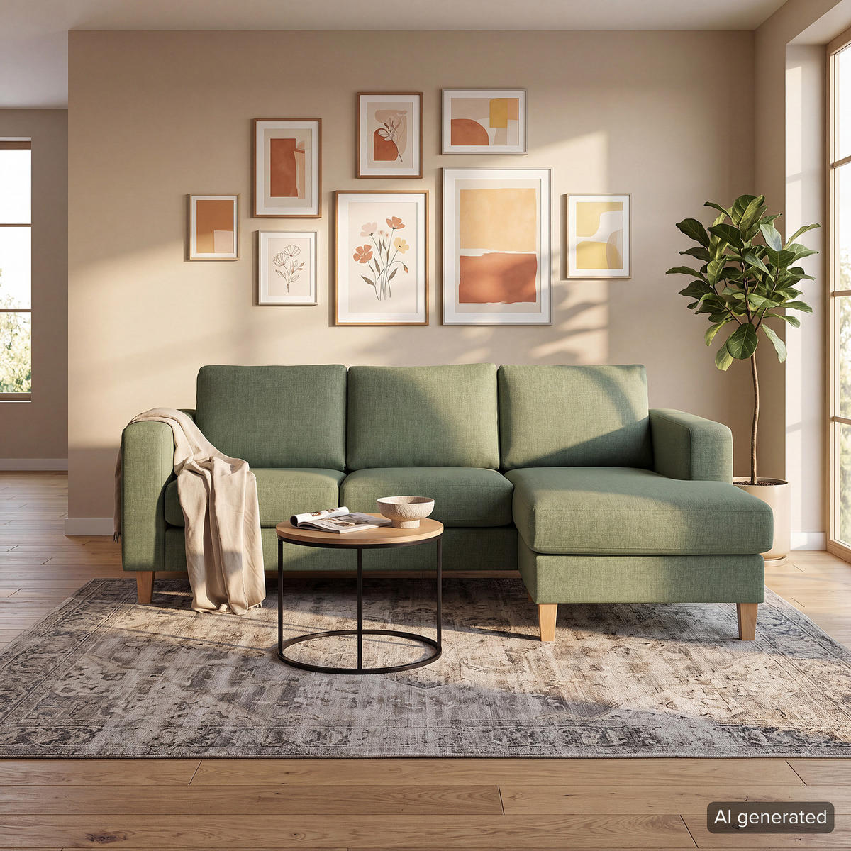 ECKSOFA 2-SITZER mit Longchair - Buchefarben/Pinienfarben, Holz/Buchenholz (214/140cm) - home24
