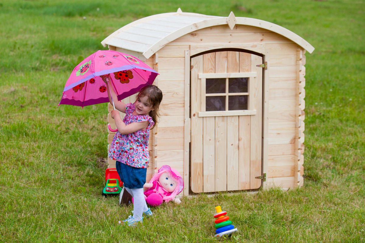 KINDERSPIELHAUS aus Holz - B112xL146xH145 cm/1,1m2 - M505-1 - Beige, Holz (146/145/112cm) - Timbela