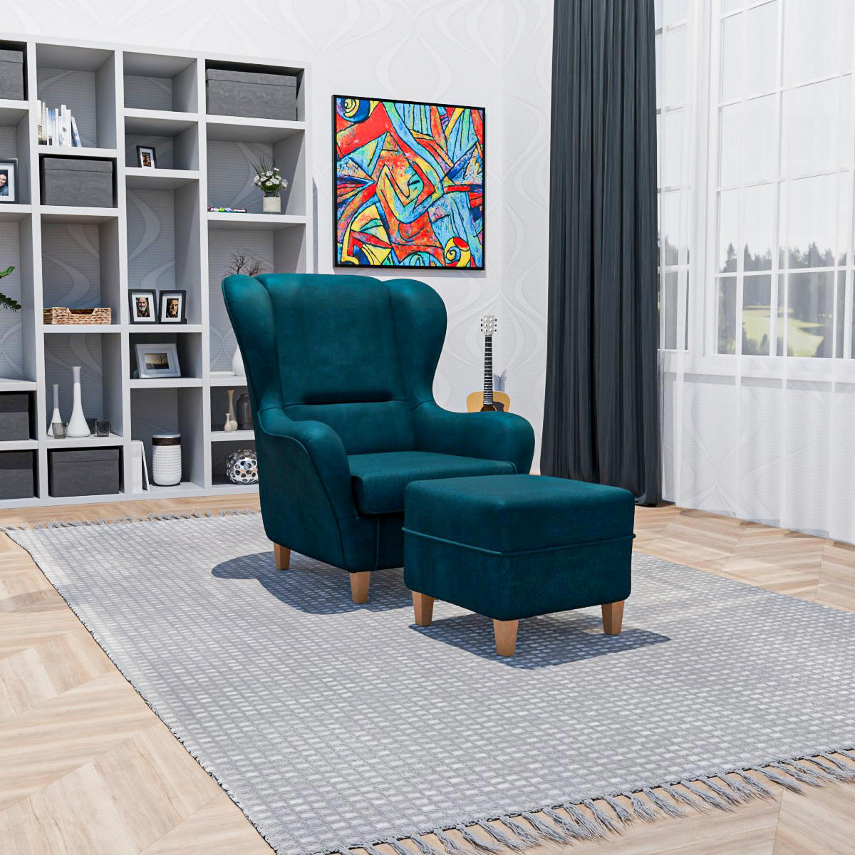 OHRENSESSEL Sofia Relaxsessel mit Hocker | Kunstleder Design Kunstleder Milano Ozeanblau - Petrol, Textil (92/68/95cm) - Supellex