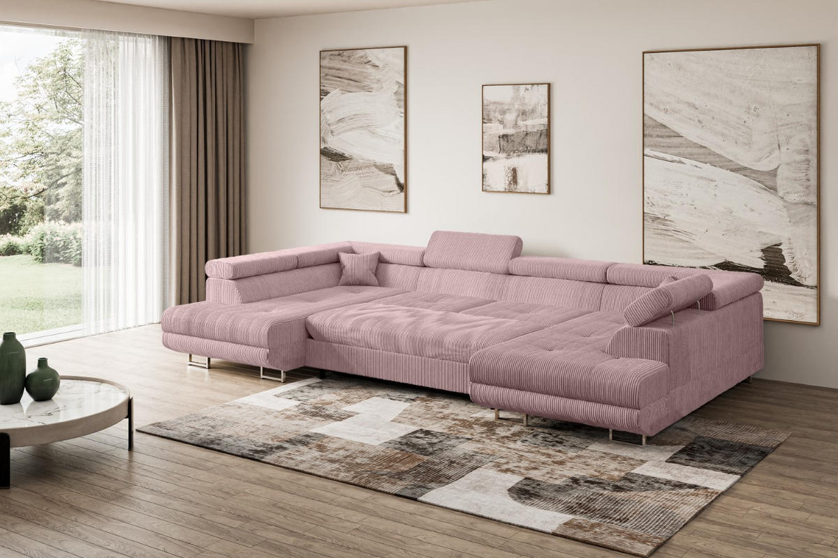 WOHNLANDSCHAFT mit Schlaffunktion und Bettkasten GUSA-U 342x202x107 cm Rosa Cord - Silberfarben/Rosa, Holzwerkstoff/Textil (342/107/202cm) - ALTDECOR