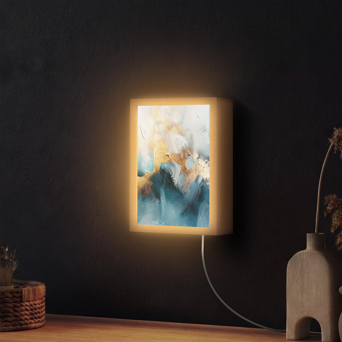 NÁSTĚNNÁ LAMPA Abstraktní - umění - zlatá - modrá 20x30 cm - tyrkysová, kompozitní dřevo (20/30/8cm) - OnlyWow