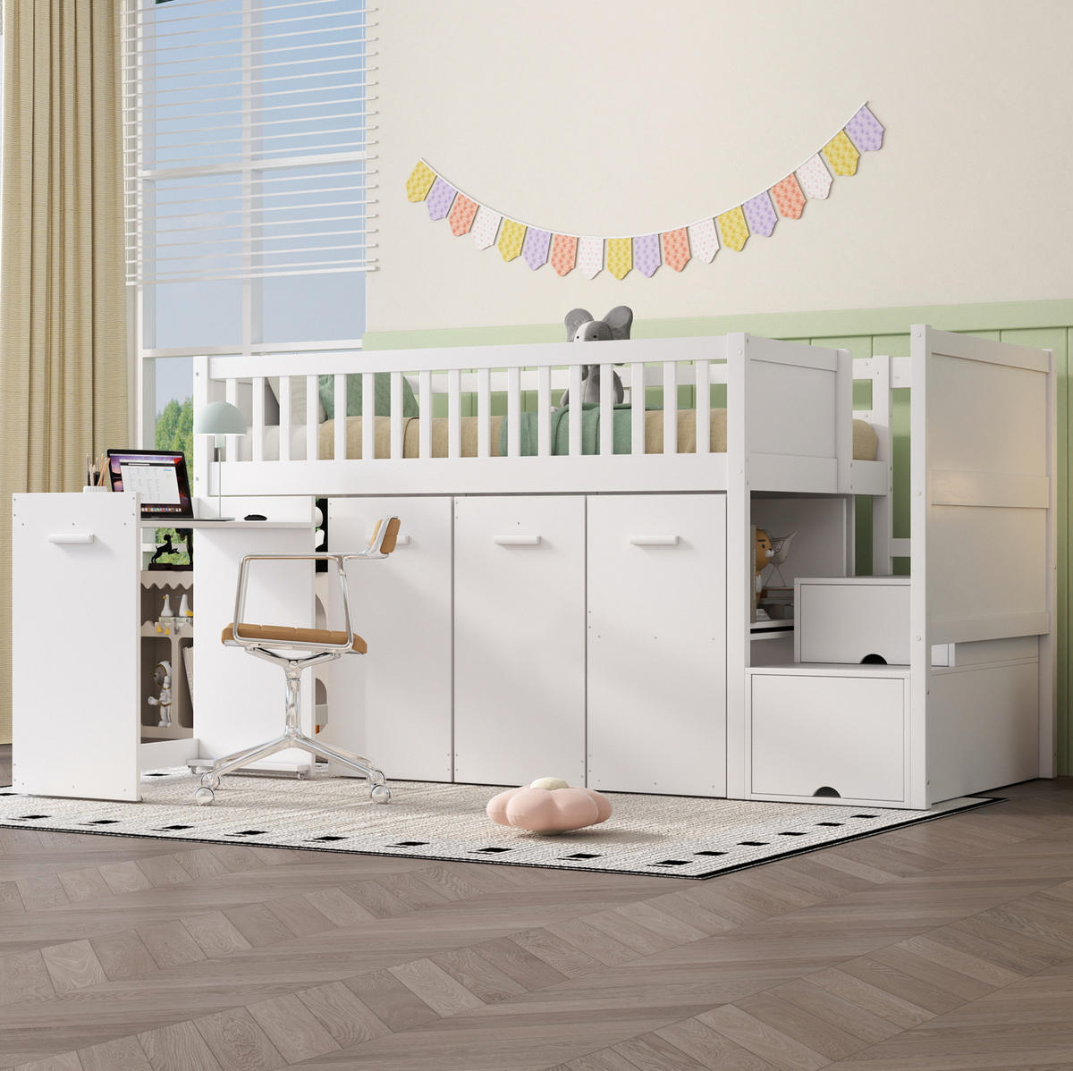 ETAGENBETT 90/200 cm aus Kiefer, MDF und Sperrholz mit Stauraumtreppe, Schreibtisch und Kleiderschränken Weiß - Weiß, Holzwerkstoff (90/200cm) - Modenvie