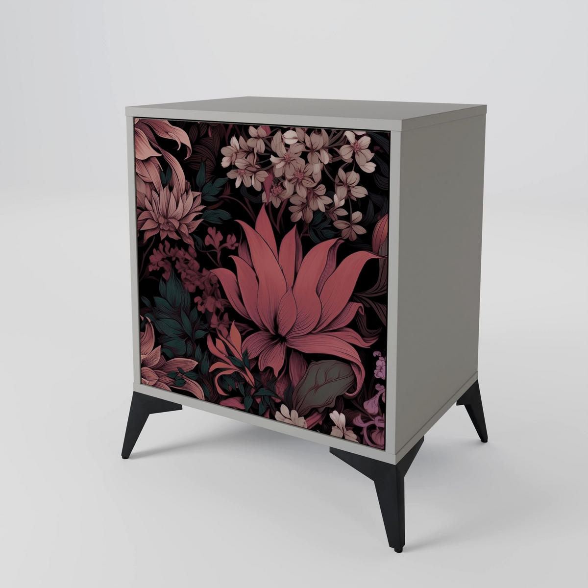 SIDEBOARD FLORAL WHISPER, Grau, 57,5x42x77,5 cm, Schräge Buchenholzfüße - Buchefarben/Multicolor, Holzwerkstoff/Buchenholz (57.5/77.5/42cm) - SpaceRebels