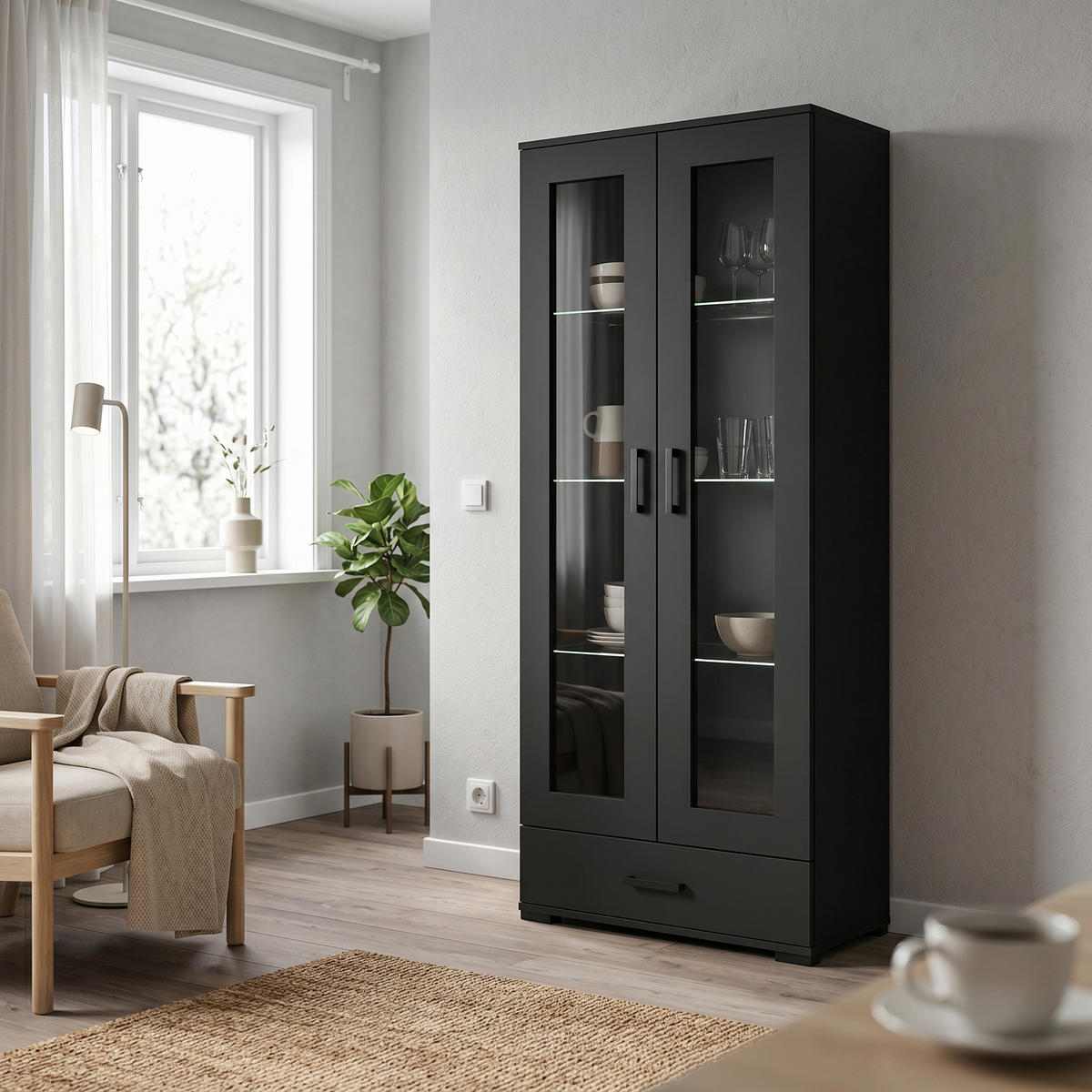 VITRINENSCHRANK ALBANO 186 x 80 cm Schwarz - Schwarz, Holzwerkstoff (80/186/40cm) - MASSENO