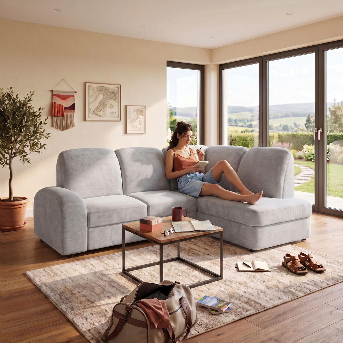 ECKSOFA VIBE L Rechts mit Schlaffunktion 129x205 Chenille Hellgrau - Hellgrau/Schwarz, Holz/Kunststoff (250/186cm) - Muffo