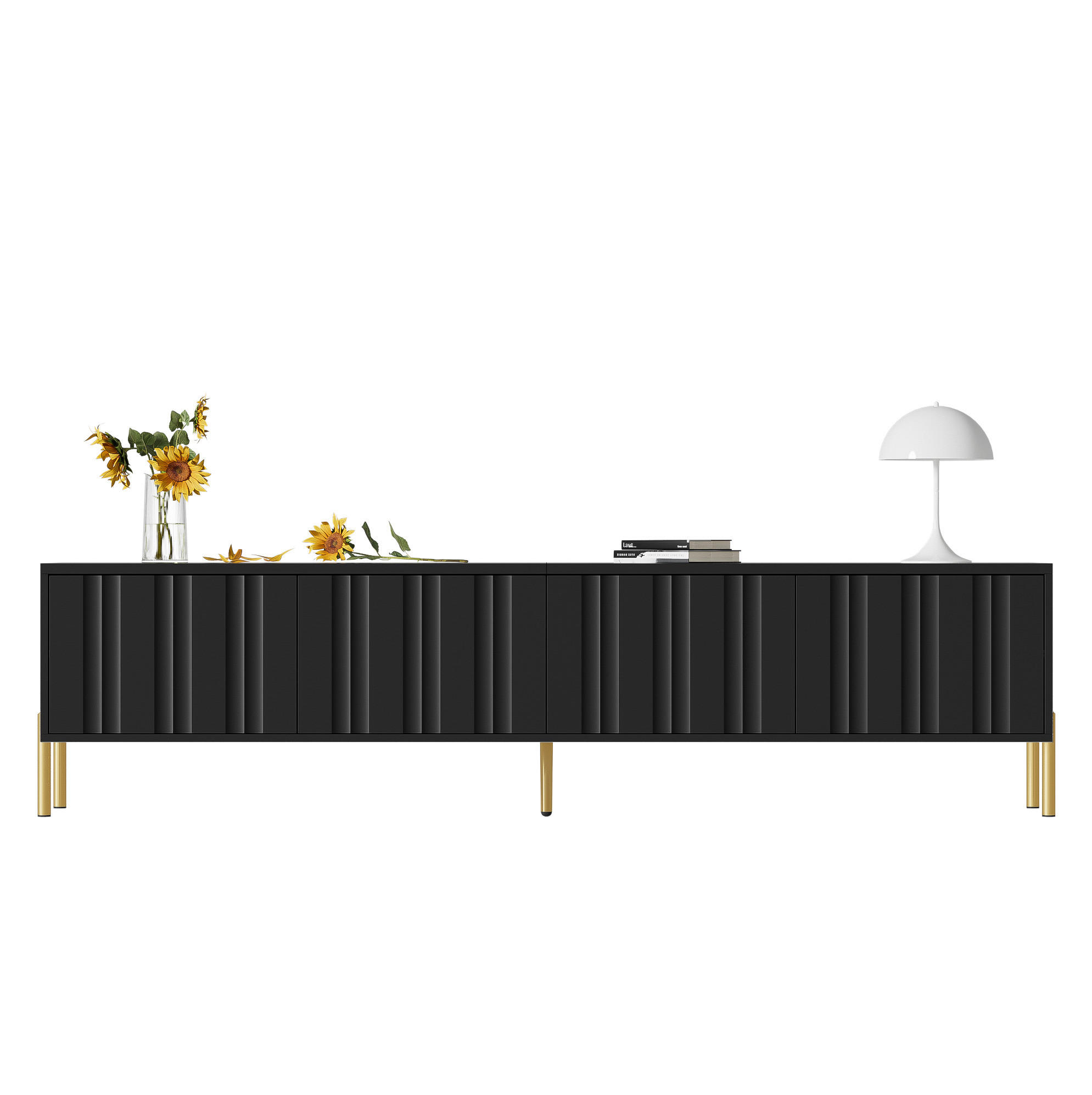 OKWISH TV skříň 190/38/48 cm černá z MDF a dřevotřískové desky s rýhovanými dvířky