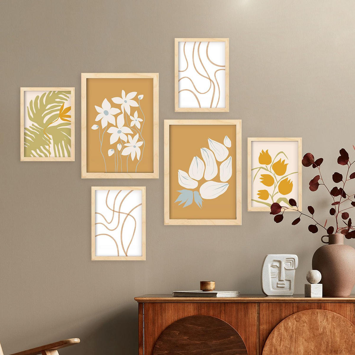 POSTER Set Mit 6 Flora Geht In Blume Zusammenfassung Ästhetische Dekorative Gemälde Für Ihr Wohnzimmer Zuhause A3 & A4 Rahmen Aus Hellem Holz - Beige, Papier (29/3cm) - Nacnic