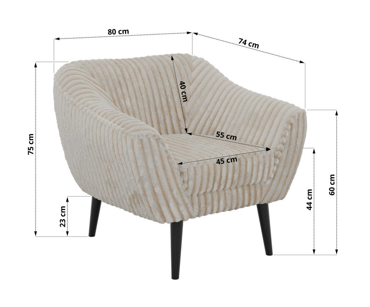 SESSEL PIRS - Beige Cord - Schwarze Beine - Beige/Creme, Holzwerkstoff/Textil (80/75/74cm) - MKS