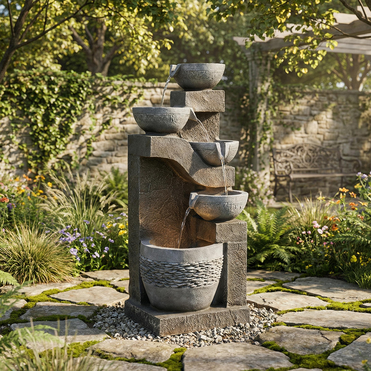 GARTENBRUNNEN, LED-Beleuchtung, Kunststein, Wasserspiel, Grau - Grau, Naturmaterialien (33.5/30.5/77.5cm) - FLIEKS