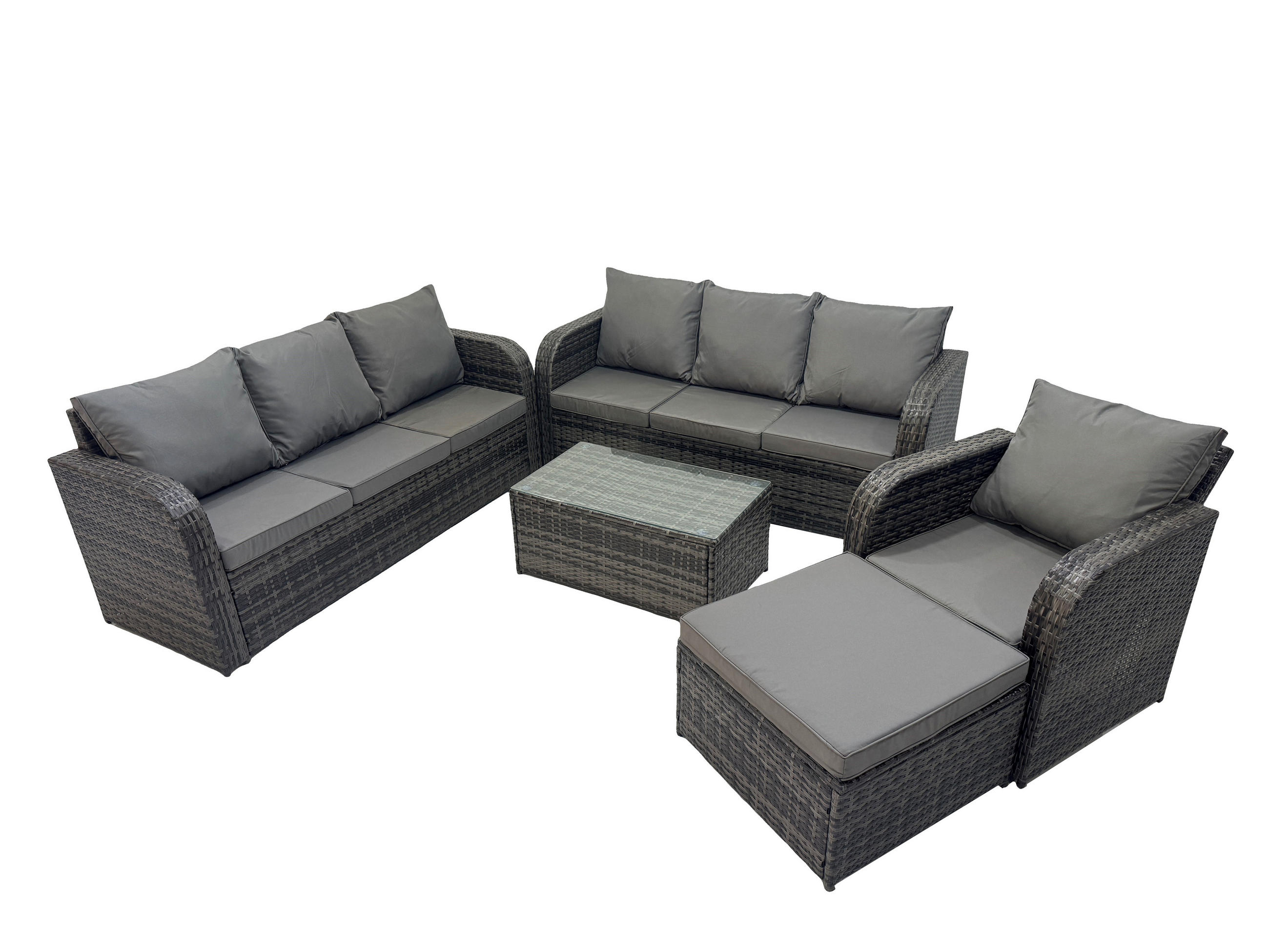 GARTENMÖBEL-SET mit Kissen Polyrattan Dunkelgrau 8-Sitzer - Dunkelgrau/Grau, Glas/Kunststoff - Fimous