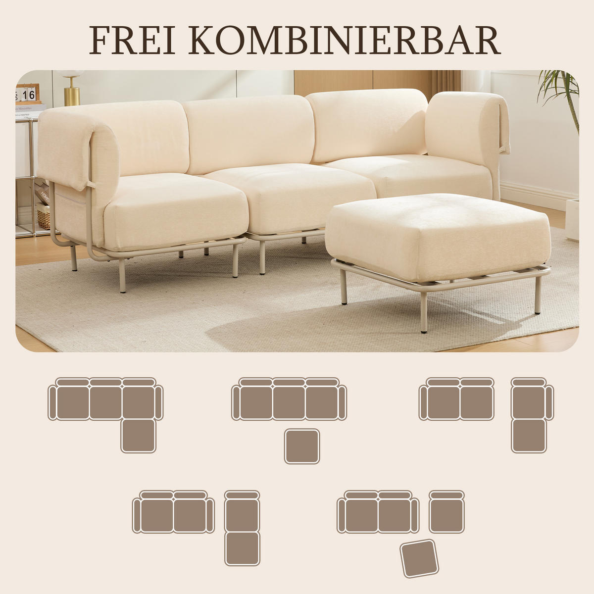 ECKSOFA 251/155/78 cm Beige Chenille mit 1 Fußhocker - Beige/Schwarz, Textil (155/251cm) - Oxeza