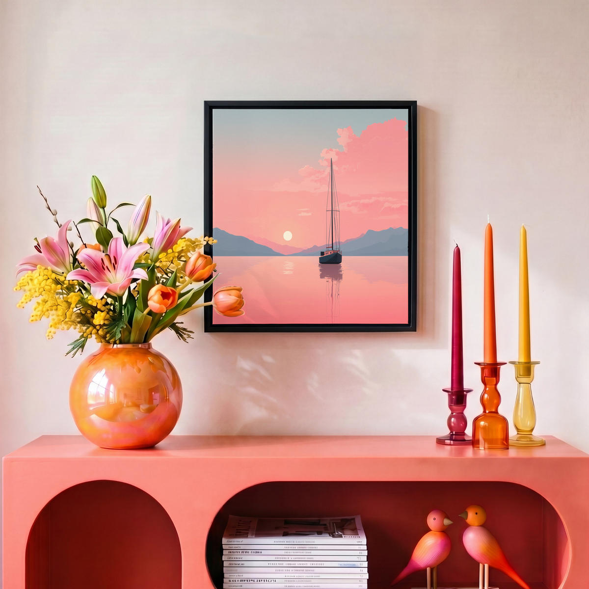 LEINWAND Bilder mit Rahmen - Segelboot - Rosa Meer - Sonnenuntergang - Berge - 20x20 - Rosa, Textil (20/20cm) - OnlyWow