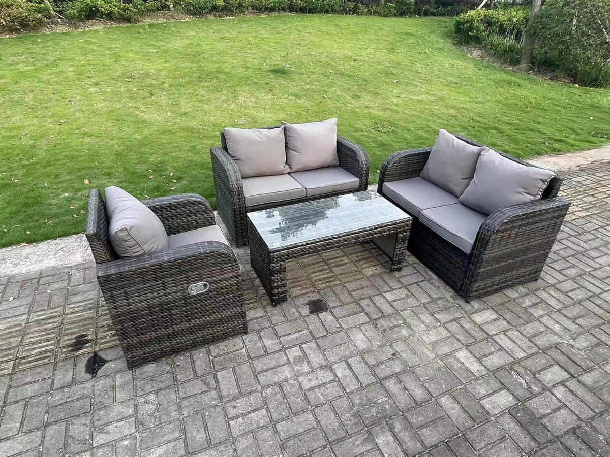 GARTENTISCHGRUPPE Polyrattan 5-Sitzer - Dunkelgrau/Grau, Glas/Kunststoff - Fimous
