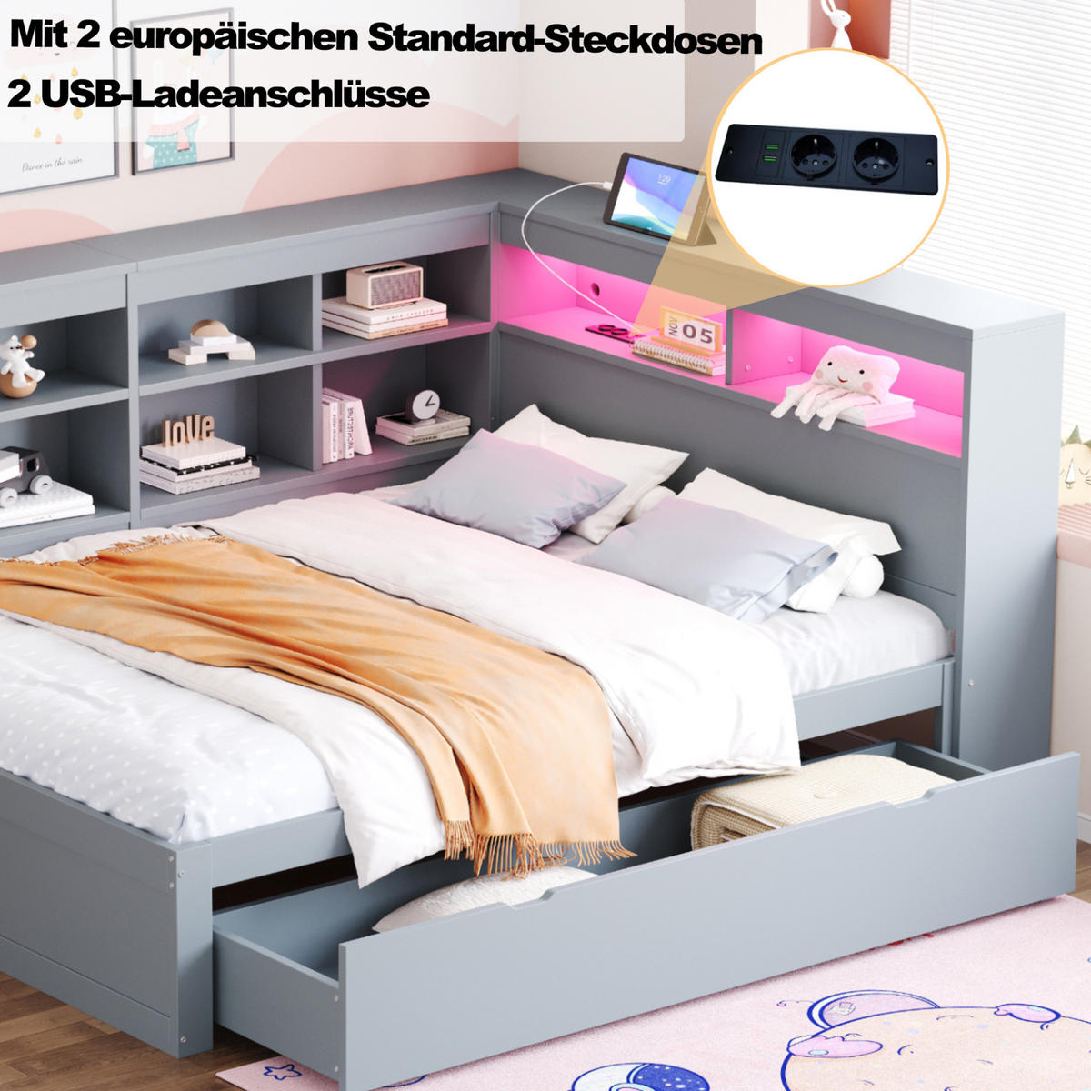 DOPPELBETT aus Kiefernholz 140x200 cm Grau mit Stauraum, USB-Anschluss und LED-Beleuchtung - Grau, Holz (140/200cm) - IVMEU