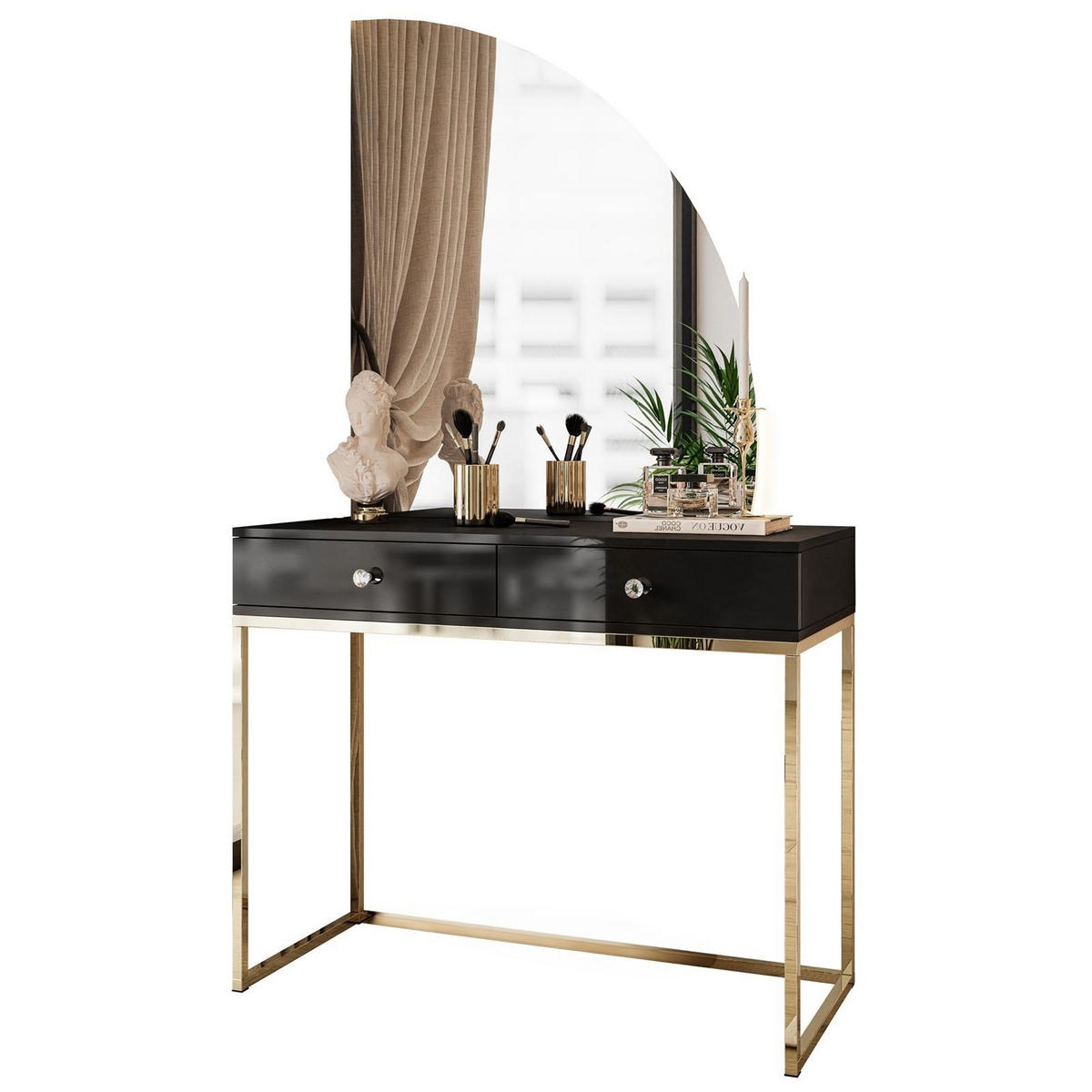 SCHMINKTISCH schwarz QUINNIE mit LED-Spiegel gold Chrom rechts Griff Kristall - Goldfarben/Schwarz, Holzwerkstoff (100/176/42cm) - Lookway