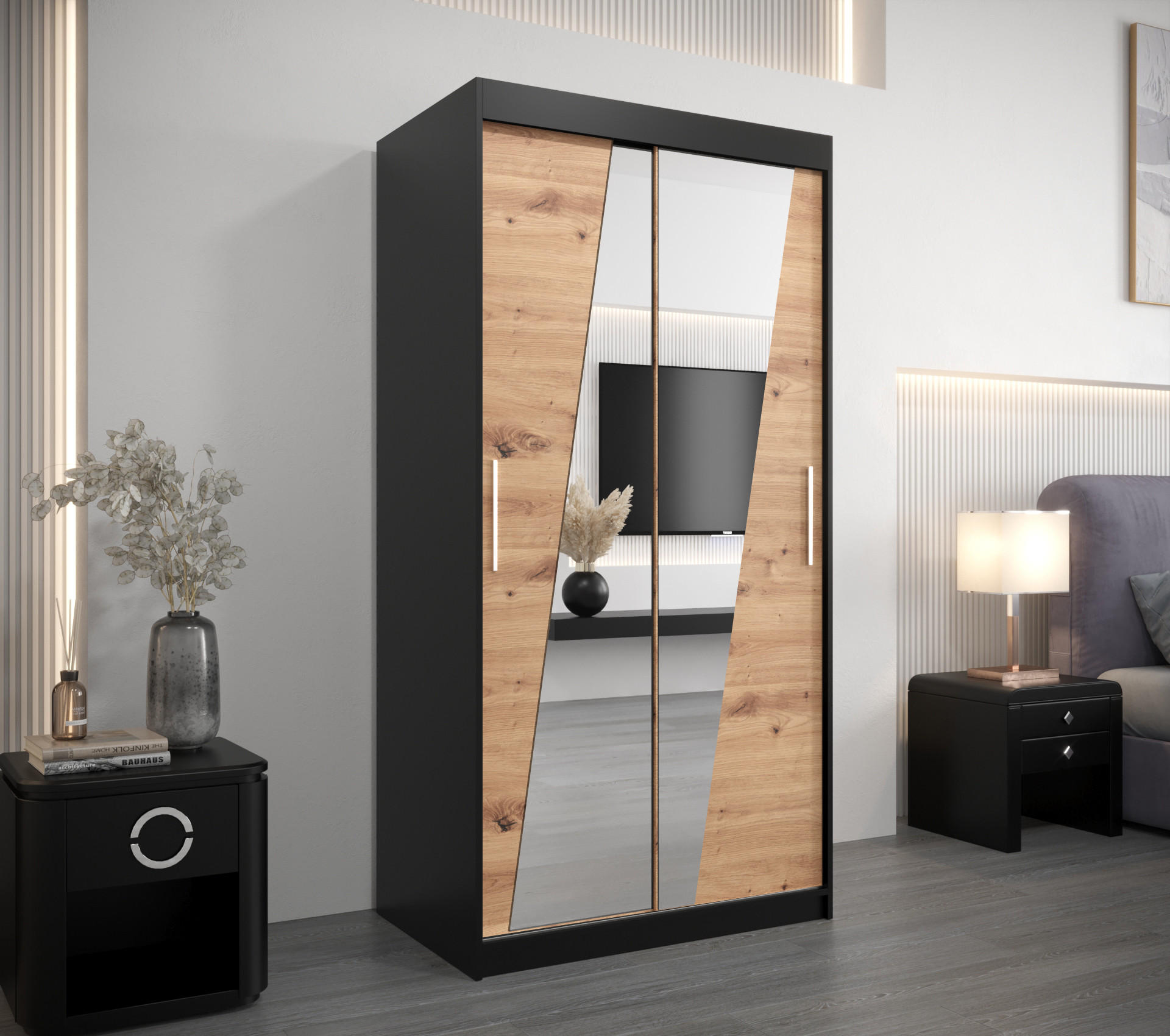 SCHWEBETÜRENSCHRANK 200/100/62 2-türig - Silberfarben/Schwarz, Holz/Kunststoff (100/200/62cm) - Abiks Möbel