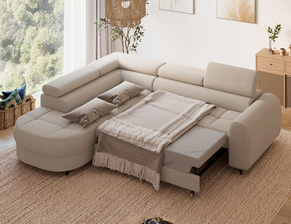 ECKSOFA Vesteria mit Schlaffunktion und Bettkasten – Modernes Design, verstellbare Kopfstützen und hoher Sitzkomfort - Beige, Kunststoff (279/72cm) - Wohnideebilder