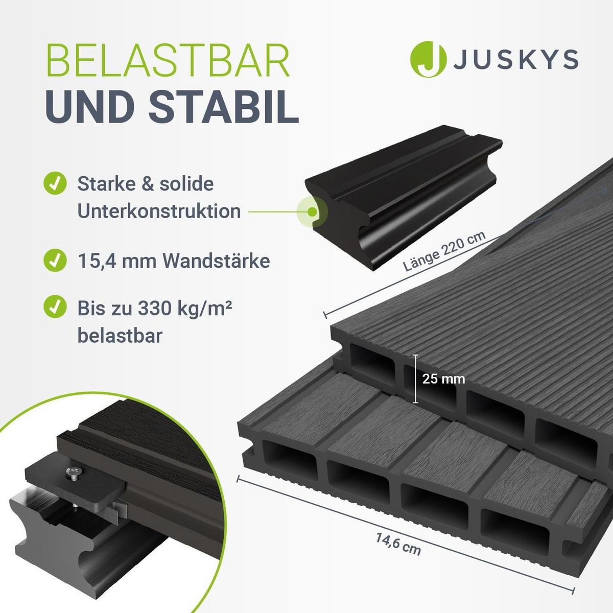 TERRASSENDIELEN WPC Grau 30 m² - Grau, Kunststoff (220/14.6/2.5cm) - Juskys
