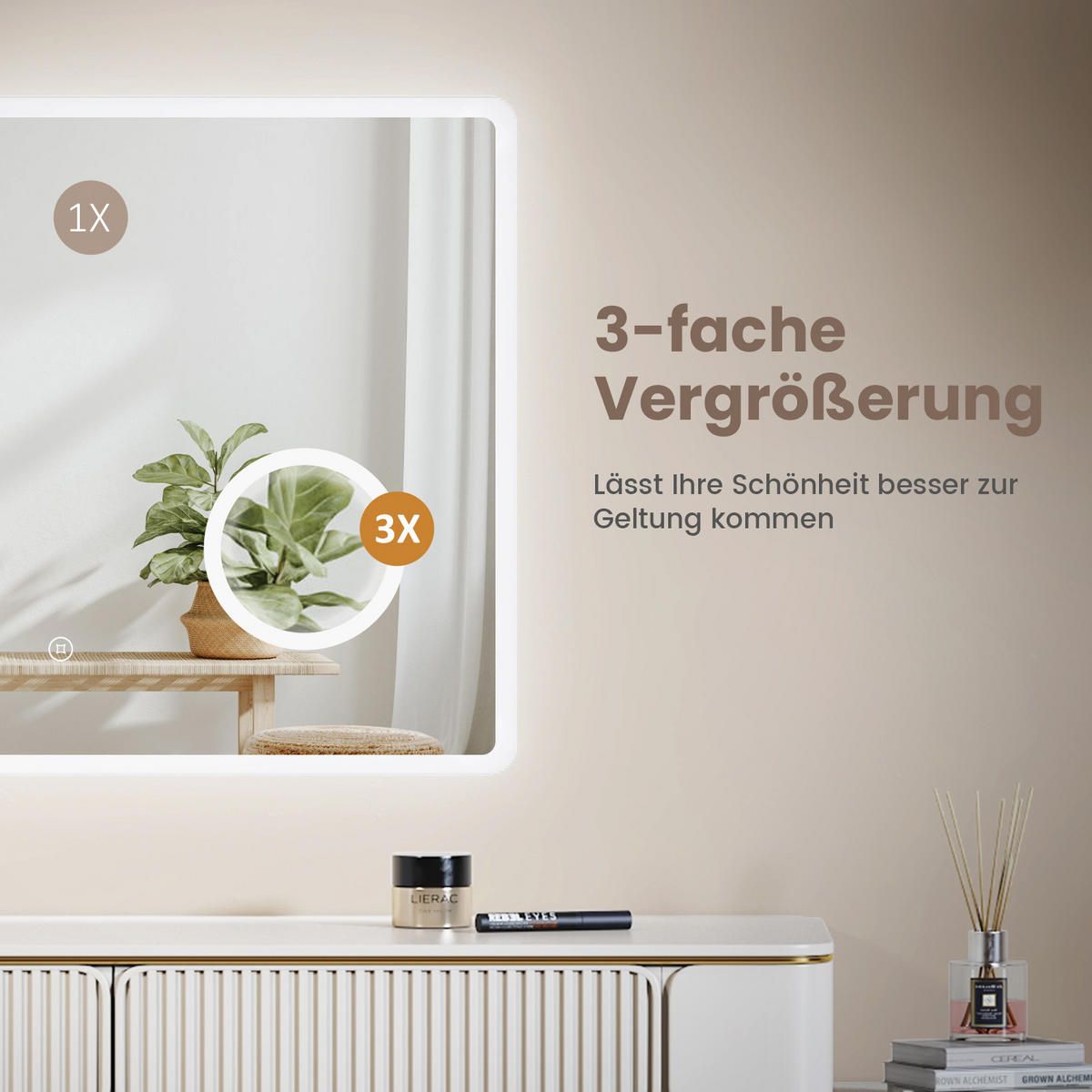 BADSPIEGEL mit Beleuchtung mit Integriertem Schminkspiegel 120/60 cm - Weiß, Glas (60/3.5/120cm) - EMKE